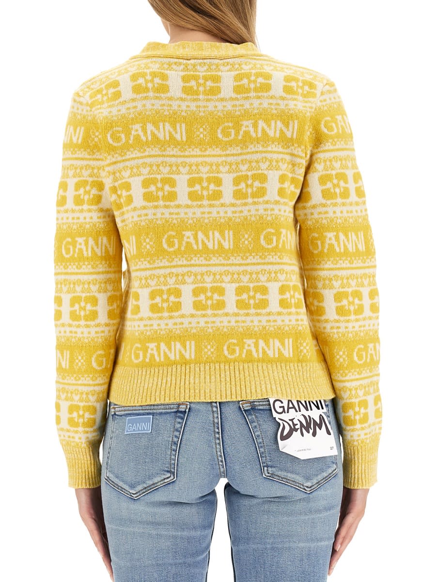 Shop Ganni Cardigan With Logo In Yellow