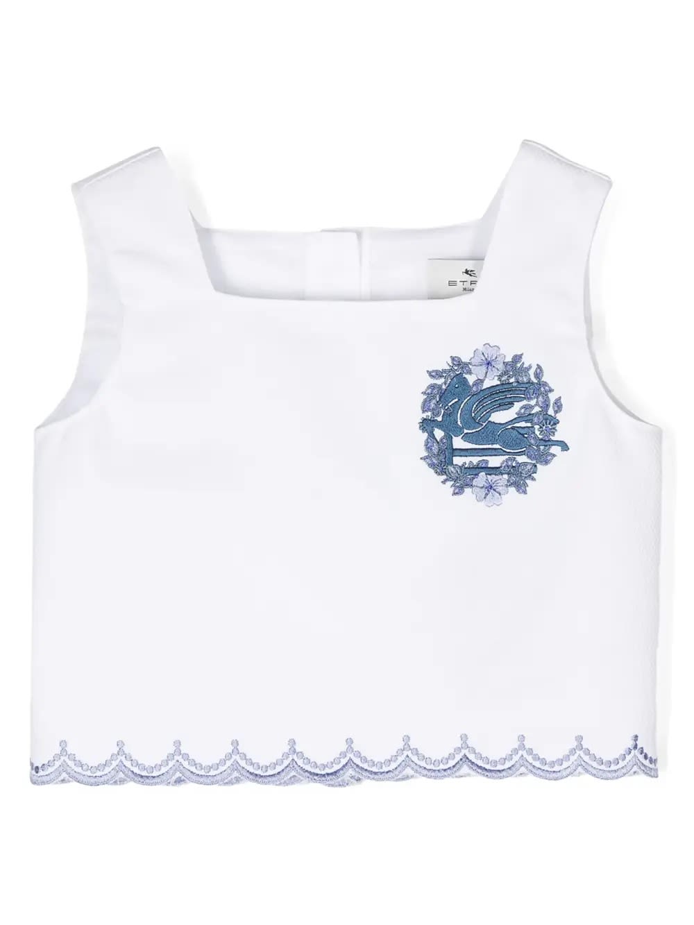 Etro White Crop Top With Blue Logo Embroidery