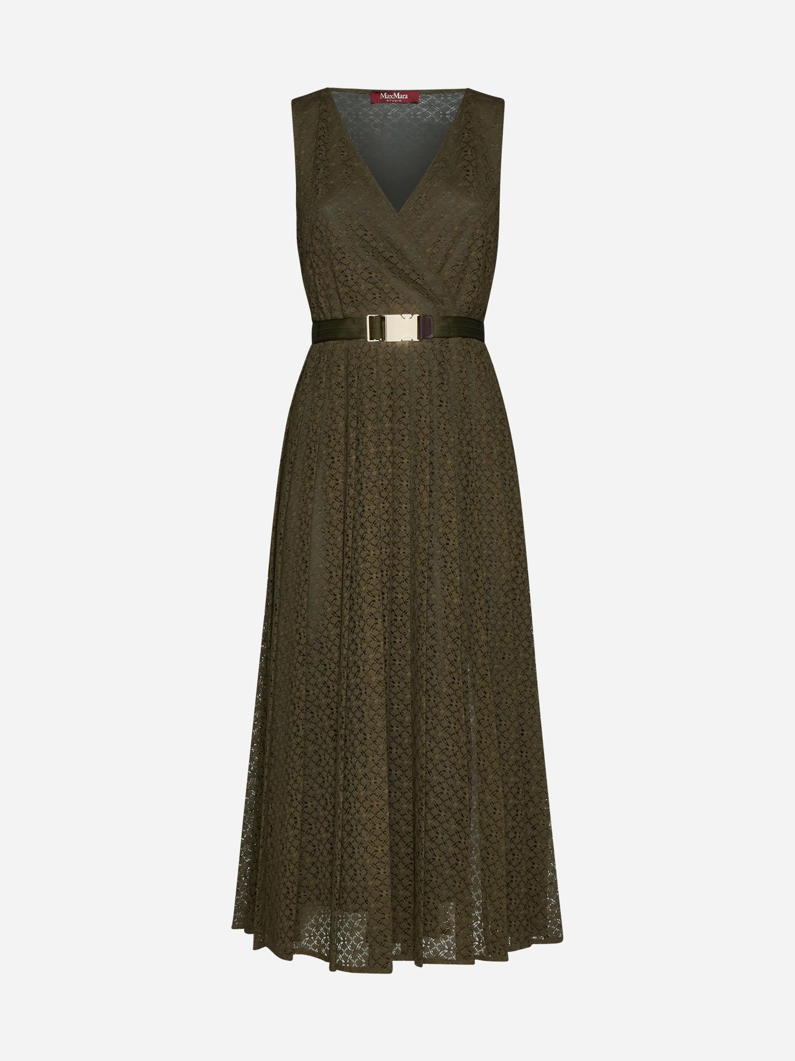 Shop Max Mara Blando Lace Midi Dress In Khaki