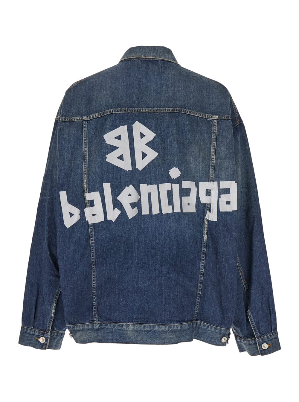 Balenciaga Blue Jacket With Classic Collar And Maxi Logo Print On The Rear In Denim Man In Whisker