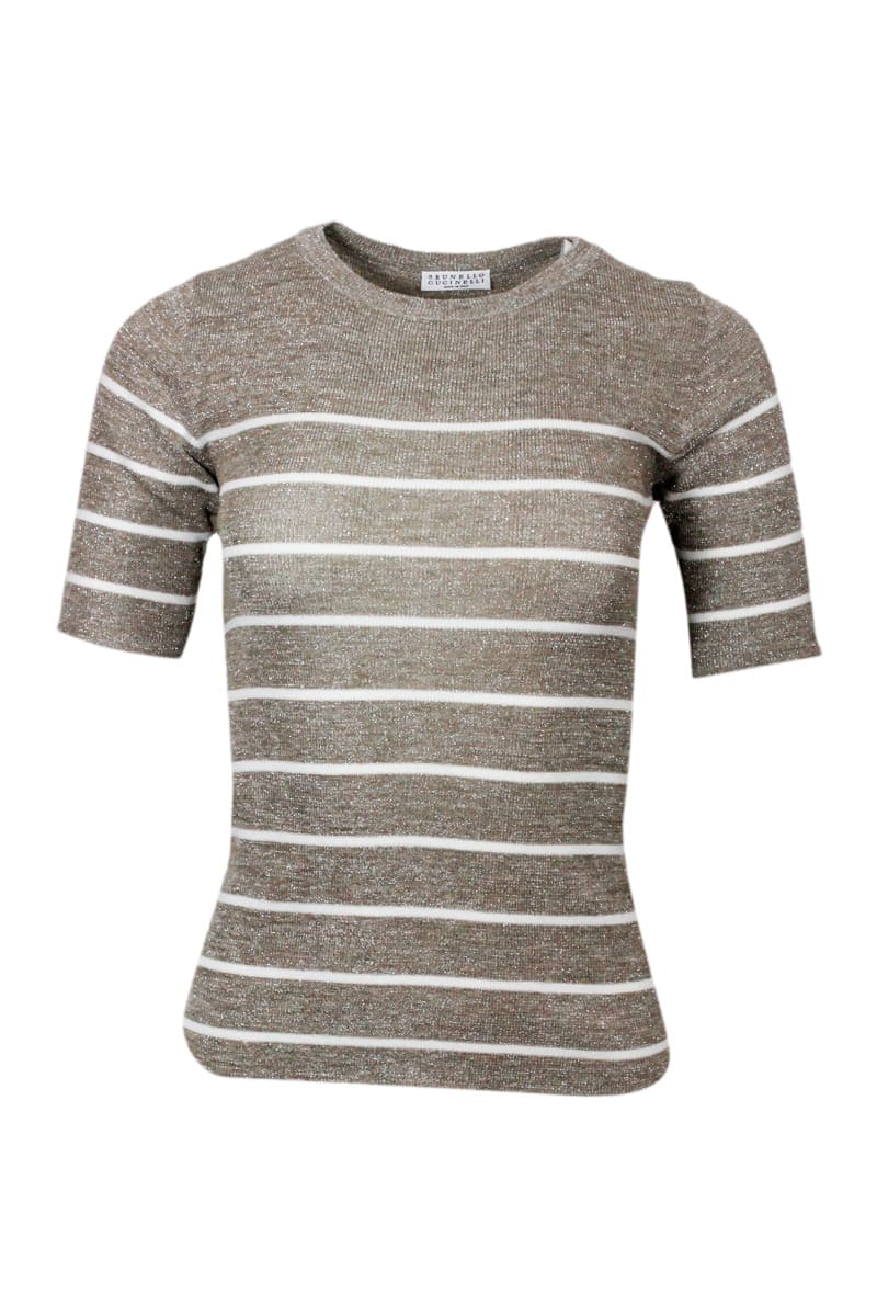 Shop Brunello Cucinelli Crew-neck And Short-sleeved Linen Blend Sweater With Striped Pattern In Beige