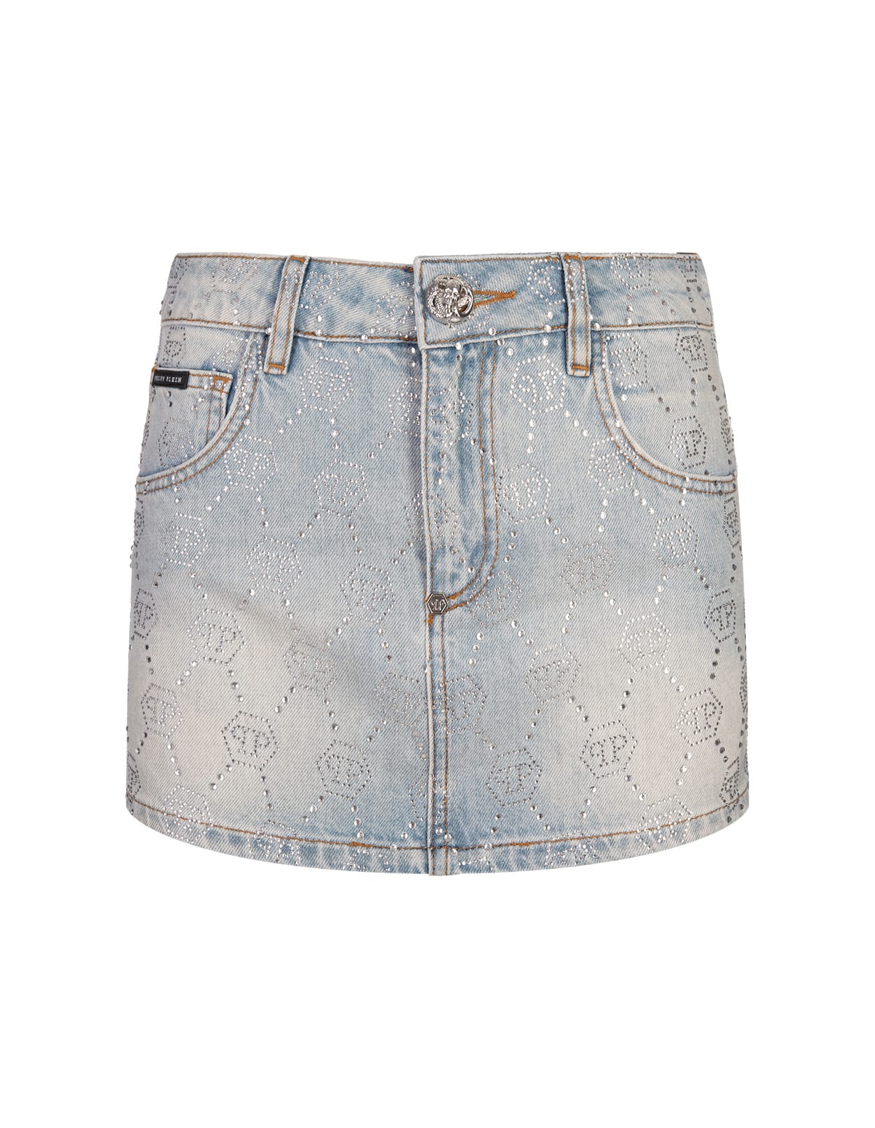 Philipp Plein Denim Mini Skirt With Rhinestone Monogram Motif In Blue