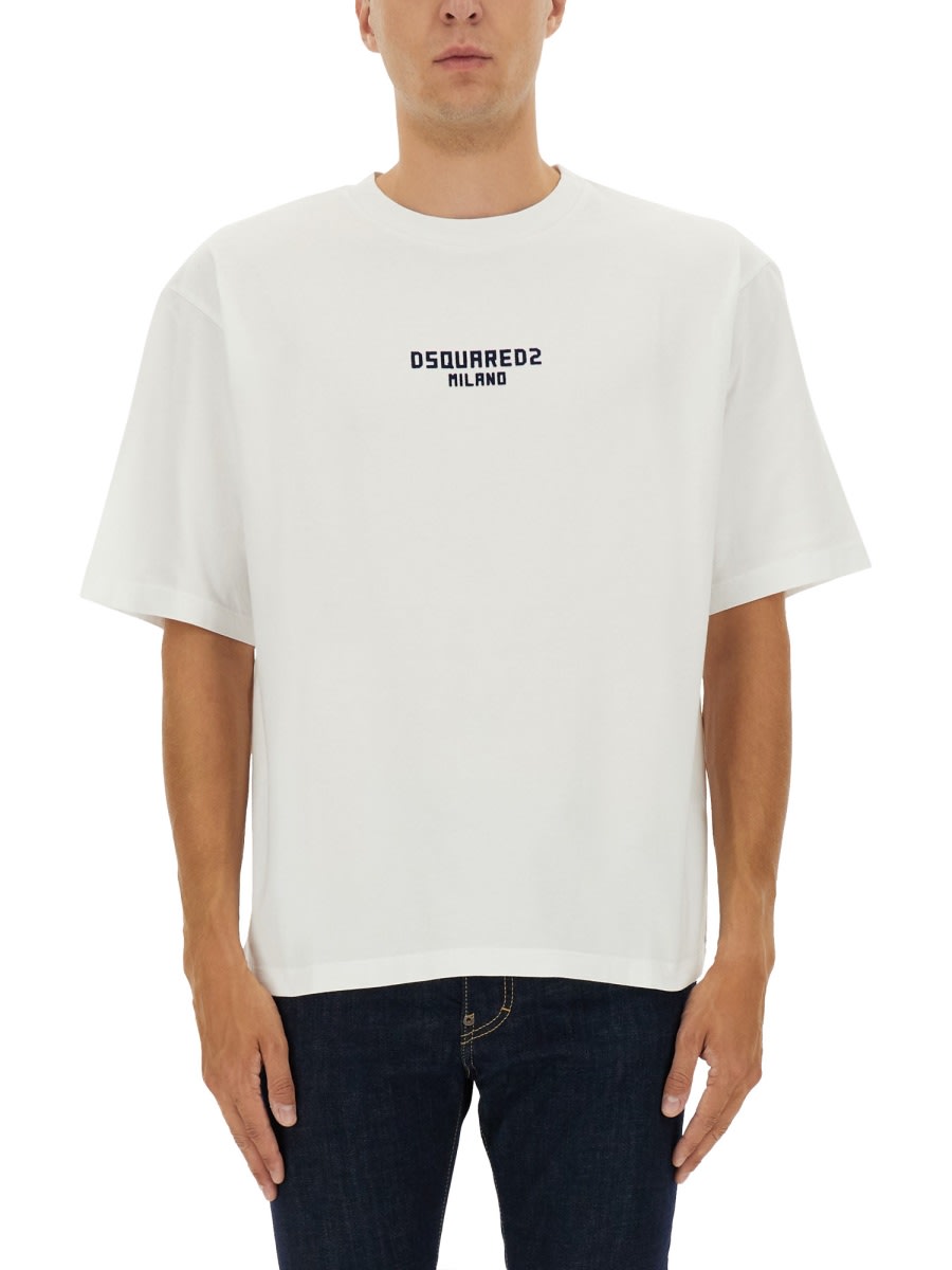 Dsquared2 Men White Crewneck T-shirt With Logo Lettering On The Front In Cotton Man In White