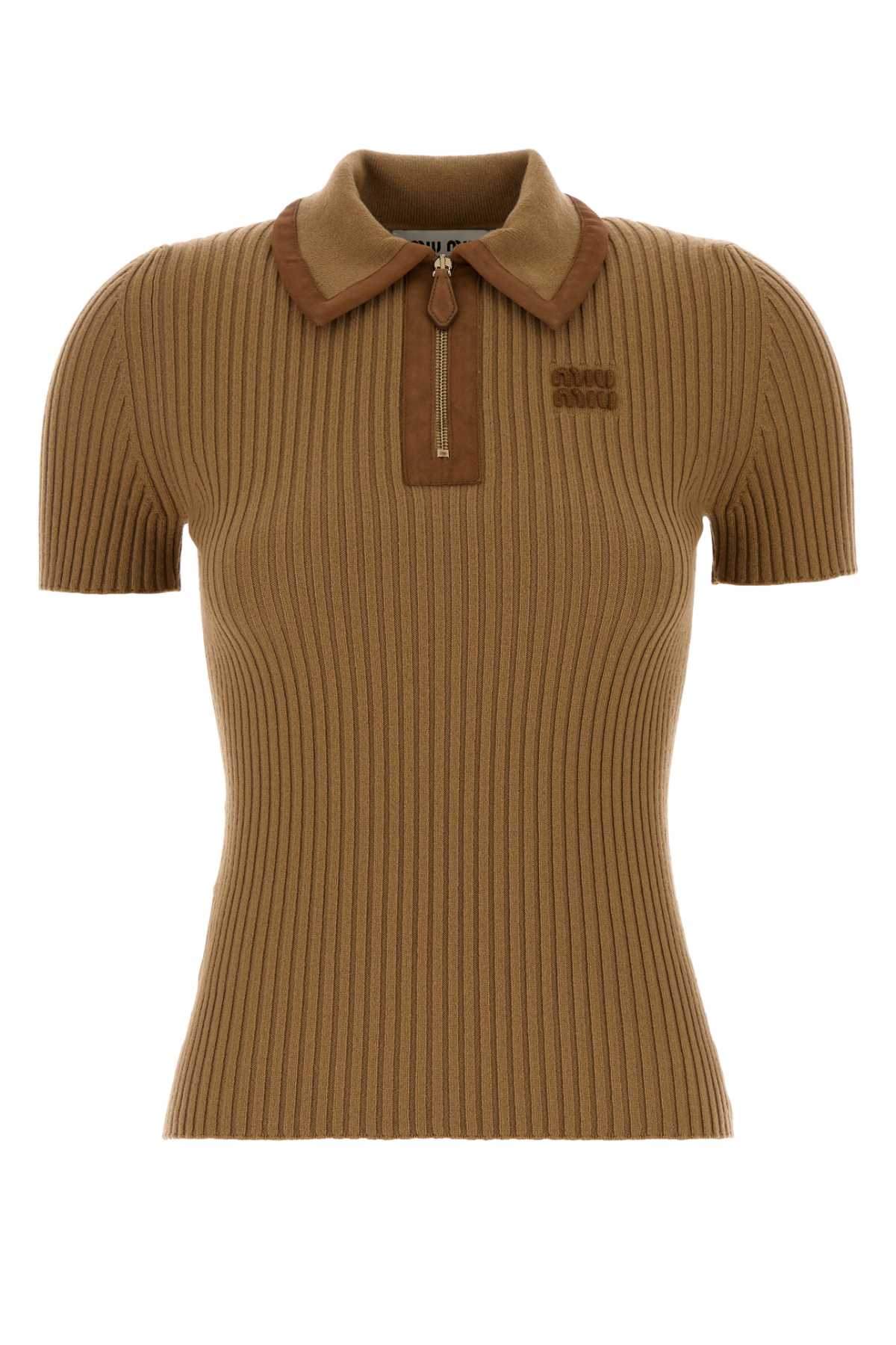 Miu Miu Cashmere Blend Polo Shirt With Ribbed Texture In Brown