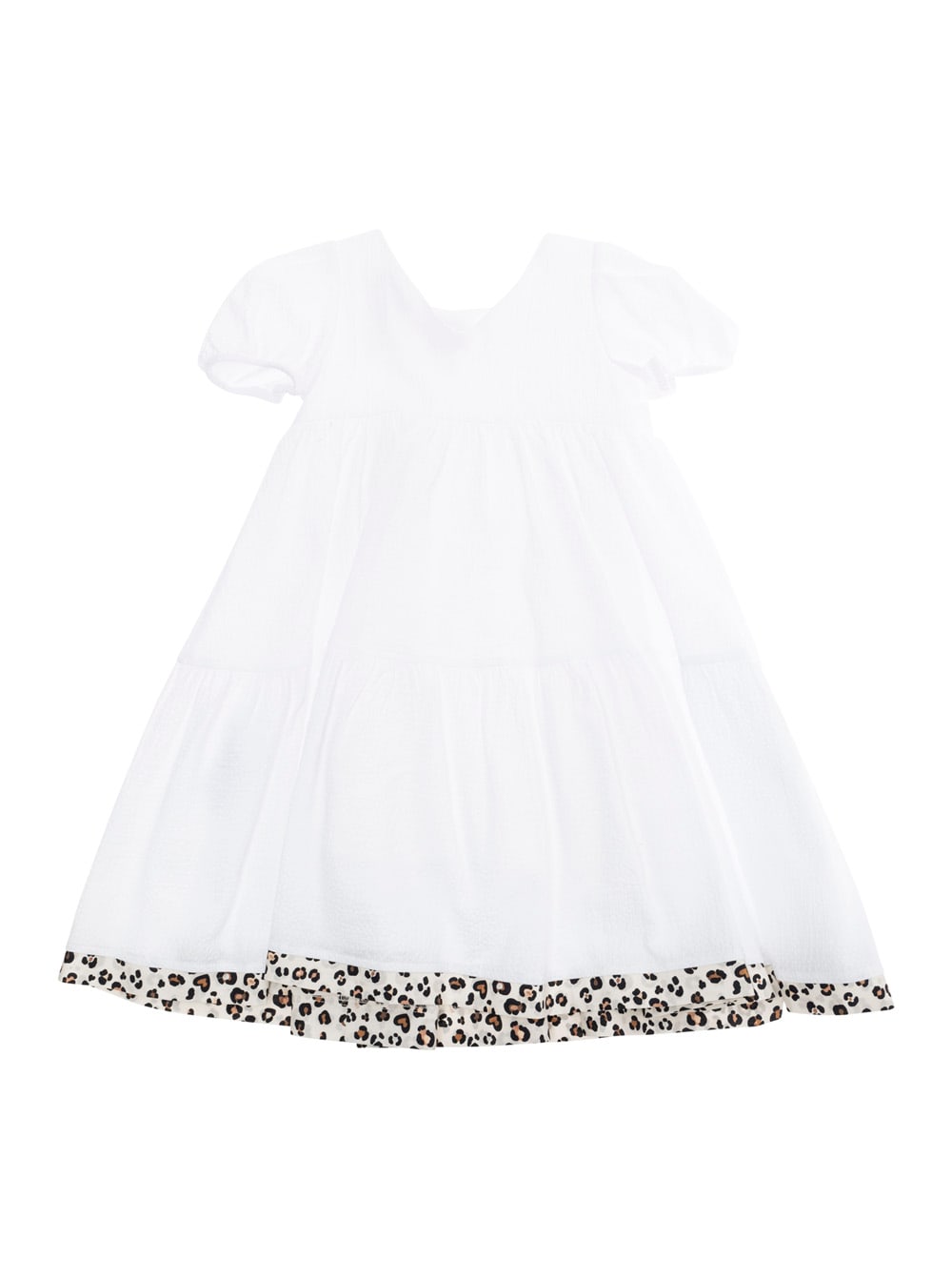 Monnalisa Capri White Flared Dress With Maxi Bow On The Front And Leopard Hem In Cotton Girl In White