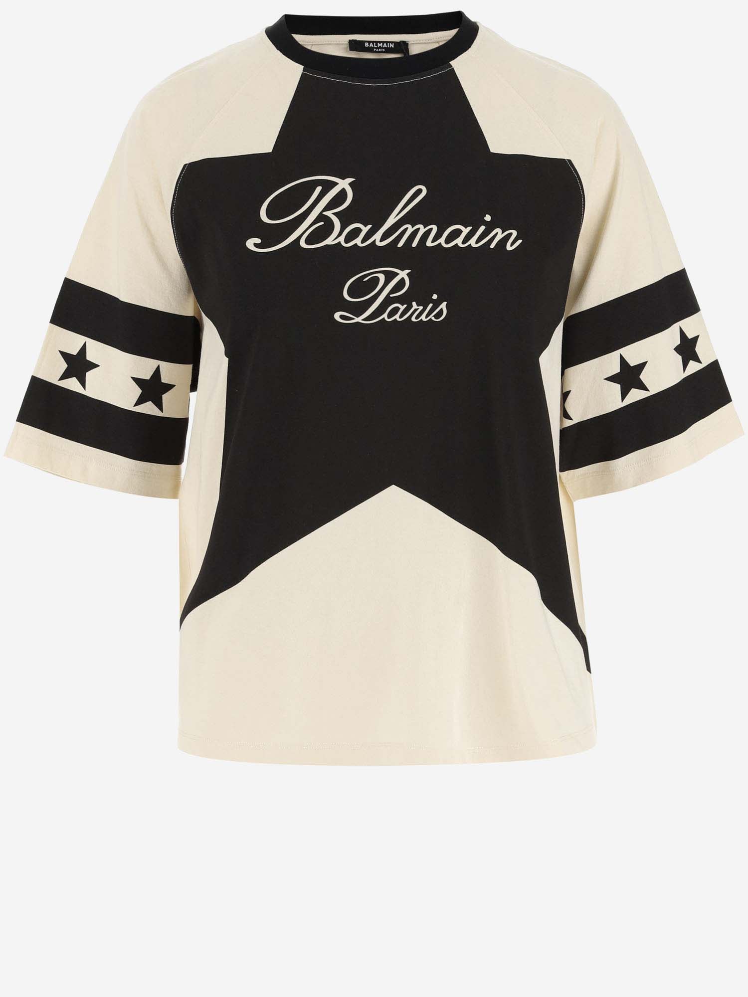 Shop Balmain Cotton T-shirt With Logo In Crème/noir