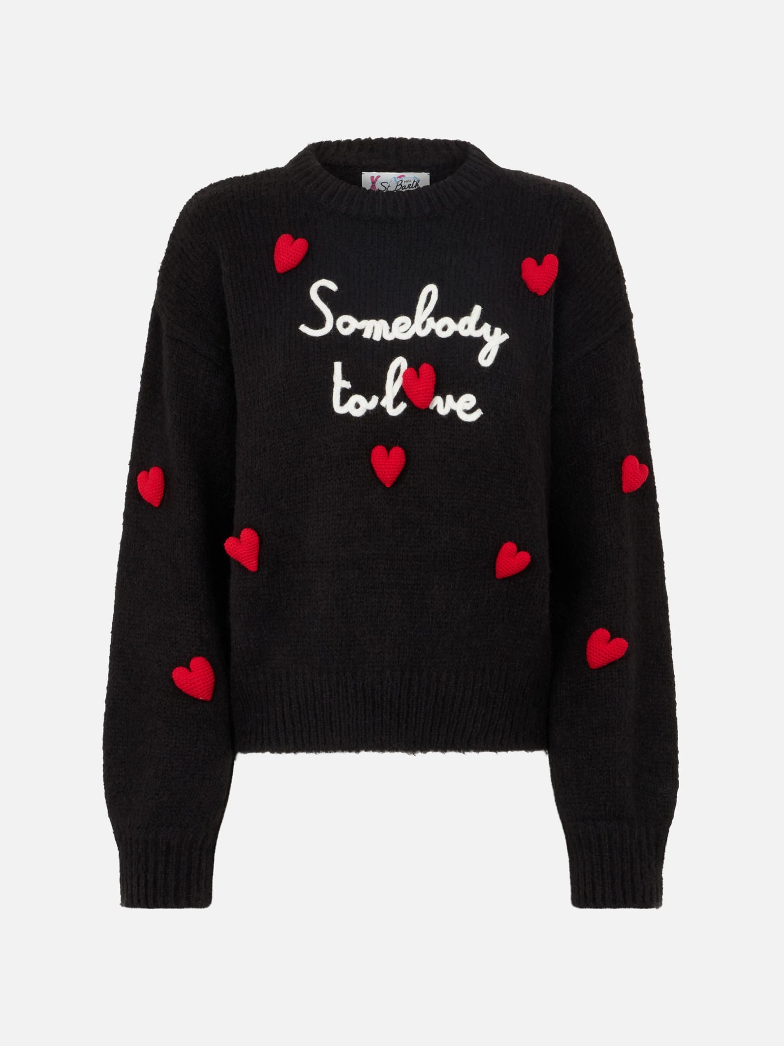 Shop Mc2 Saint Barth Woman Boxy Shape Soft Sweater With Somebody To Love Embroidery And Crochet Hearts Patch In Black