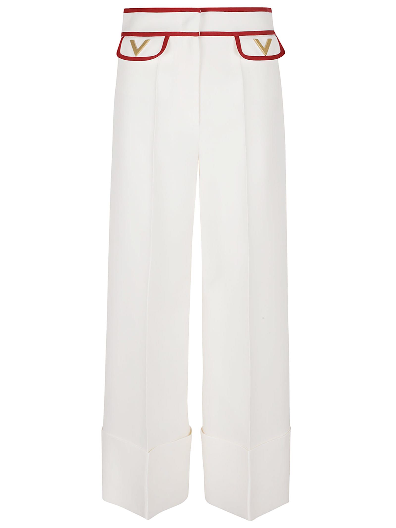 Valentino Ivory Trousers With Gold V In White