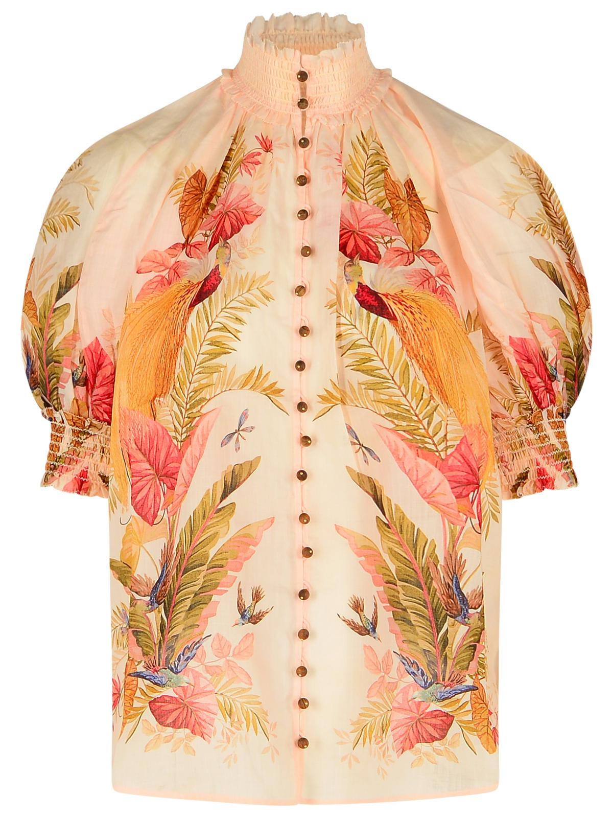 Zimmermann Billow Ramie Puff Sleeves Blouse In Cream Palm Floral In Multi
