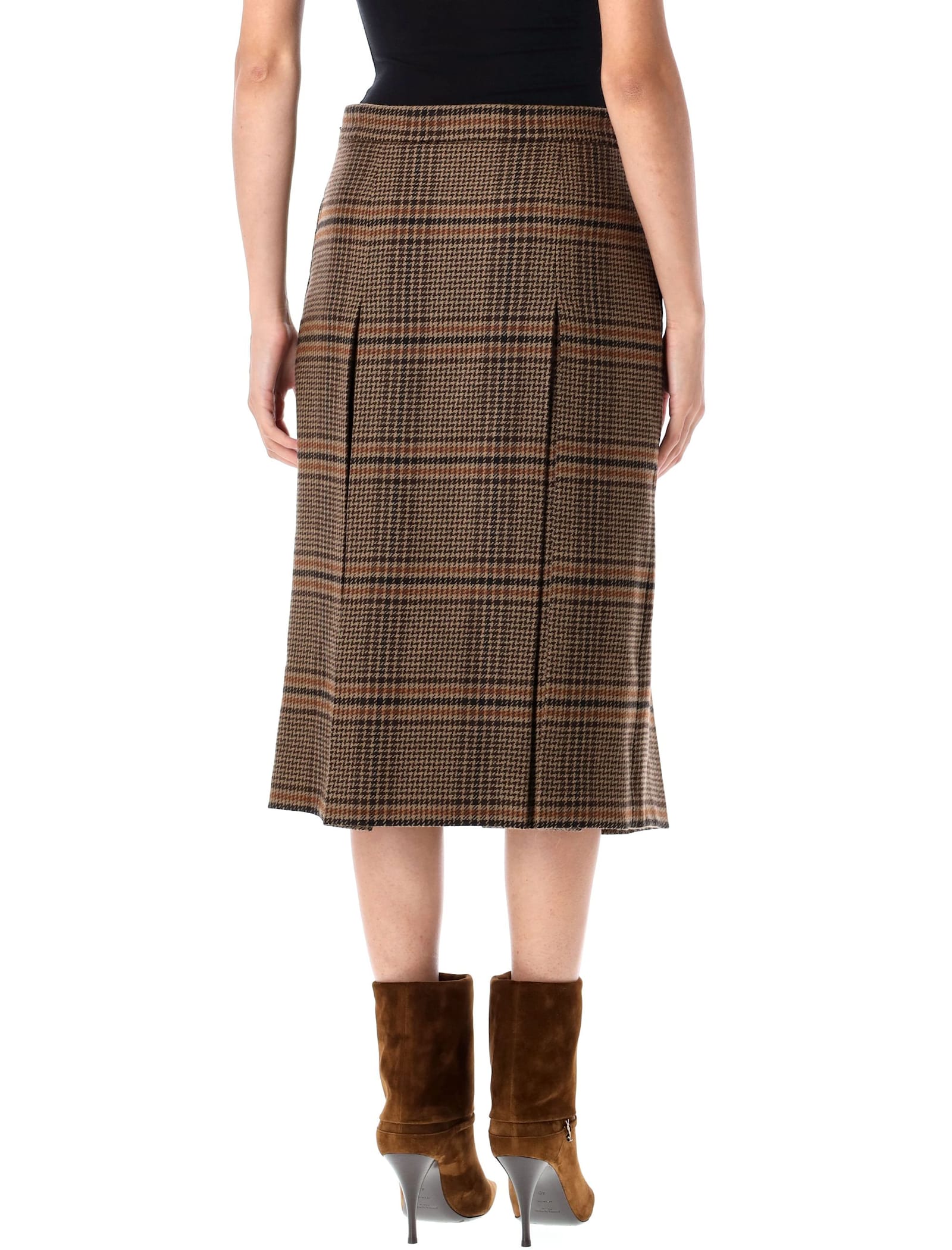 Saint Laurent Prince Of Wales Wool Midi Skirt In Brown