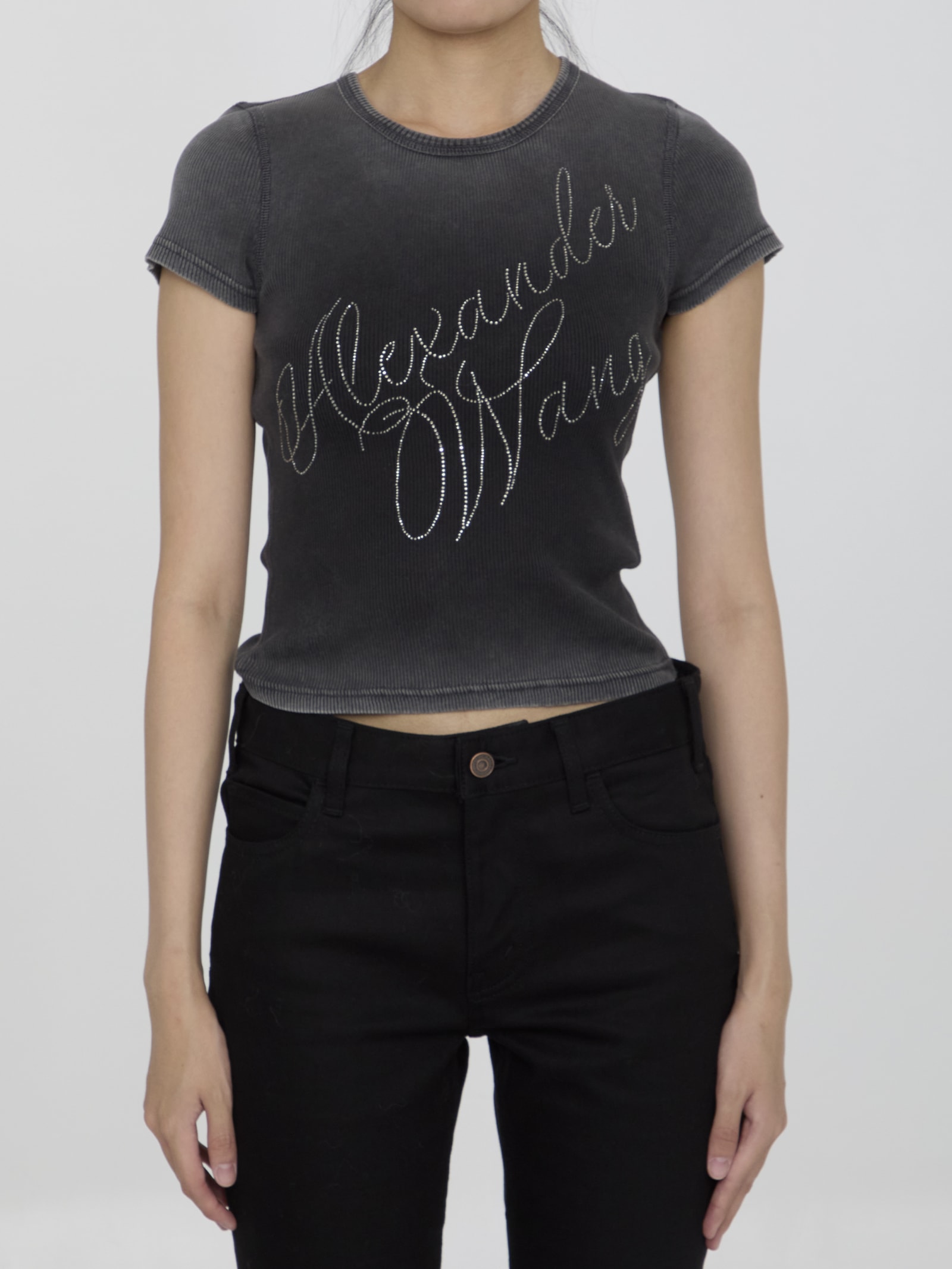 Shop Alexander Wang Crystal Hotfix Tee In Jersey In Grey