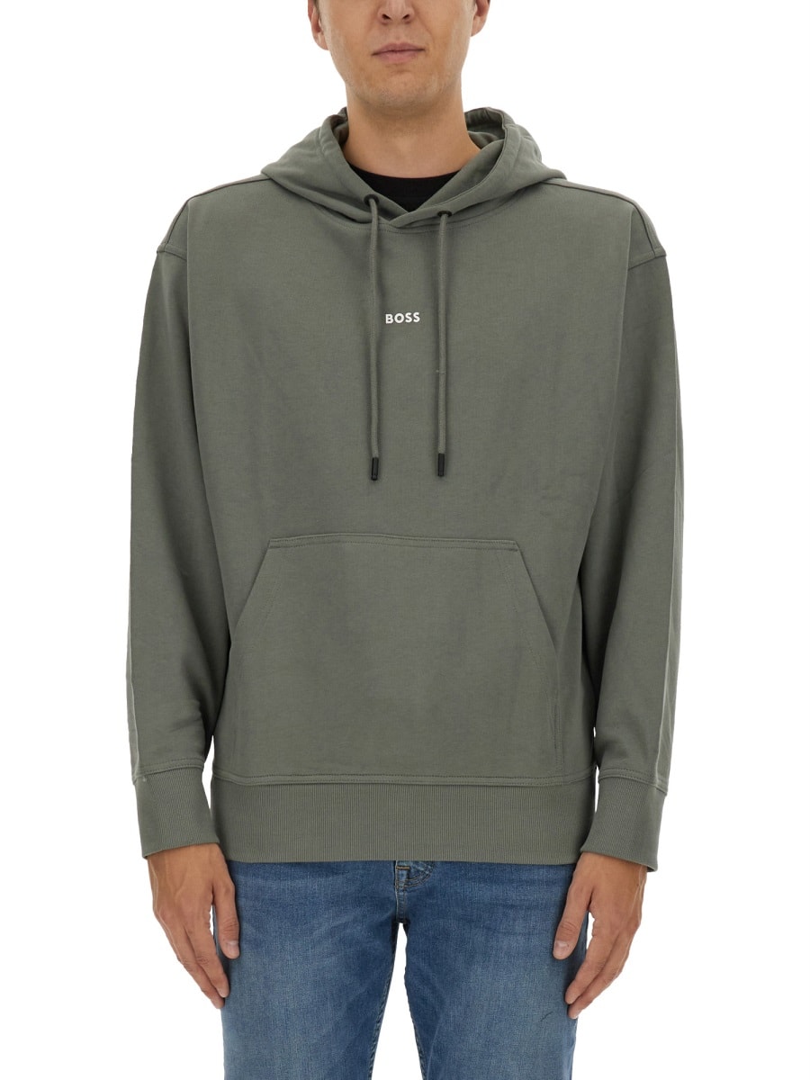 Hugo Boss Cotton-terry Hoodie With Contrast Logo In Grey