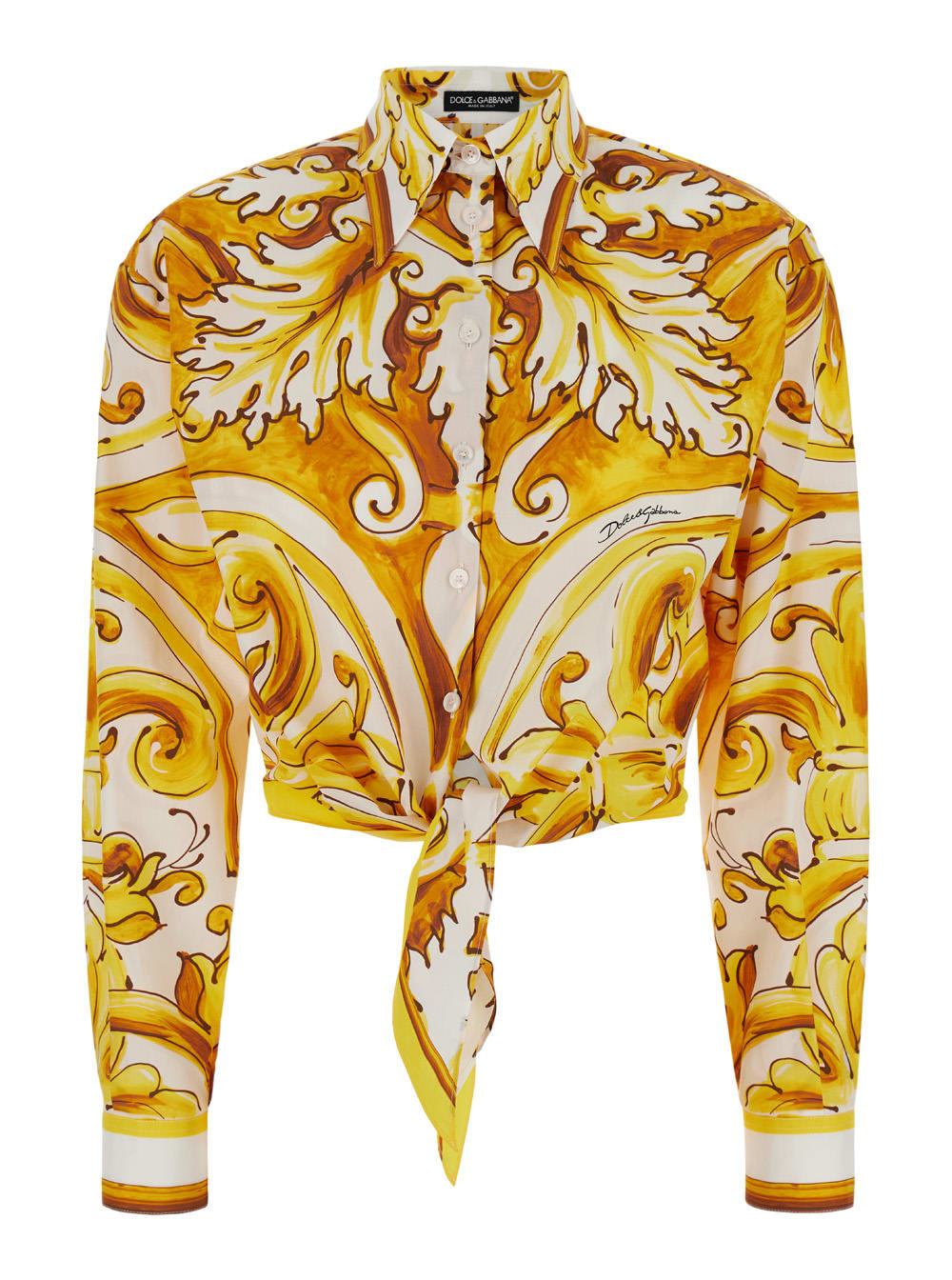 Shop Dolce & Gabbana Yellow And White Crop Shirt With Majolica Print And Knot In Cotton Woman