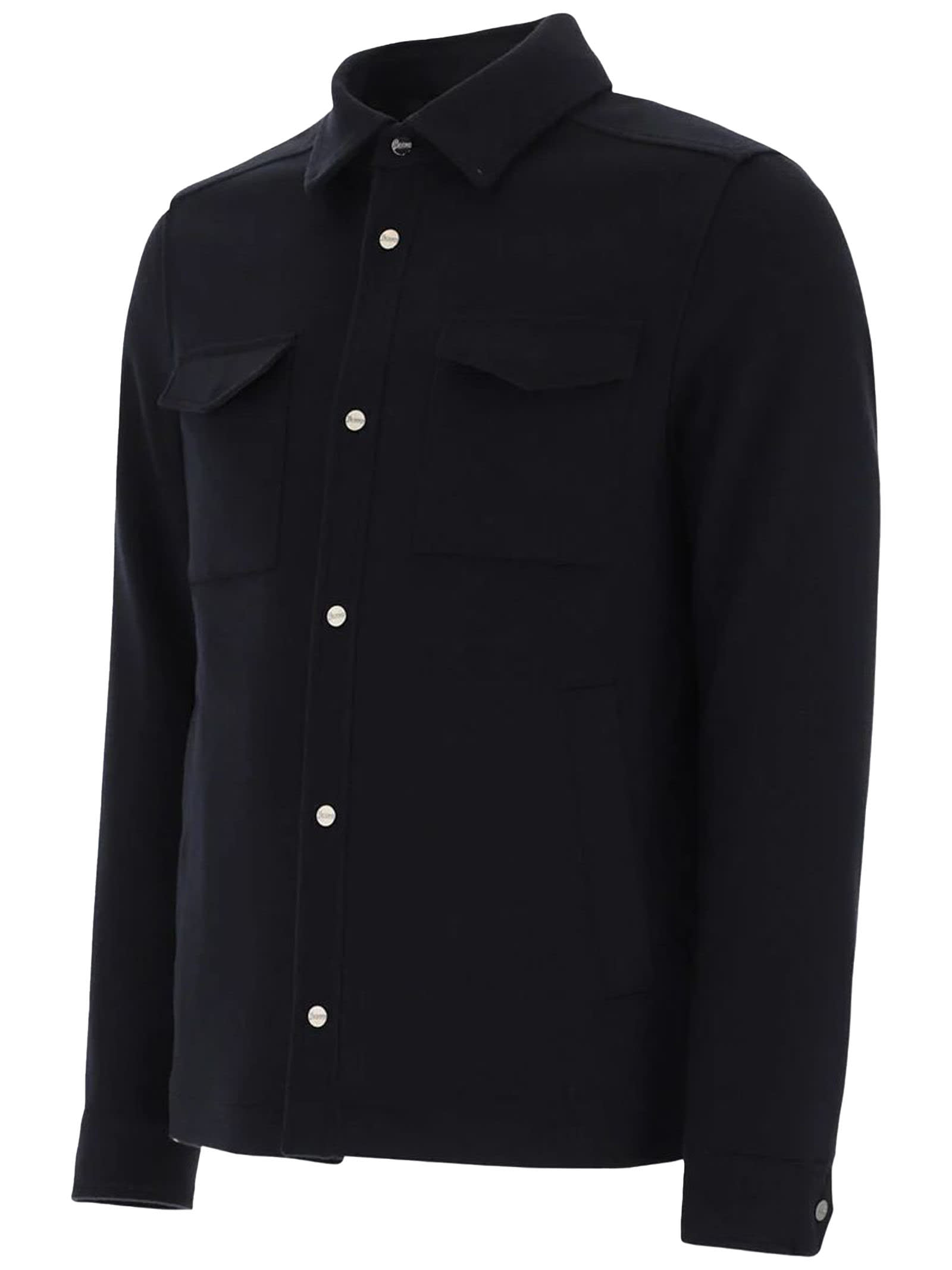 Herno Snap Front Chest Flap Pocket Brushed Wool Cashmere Blend Lined Shirt Jacket In Blue