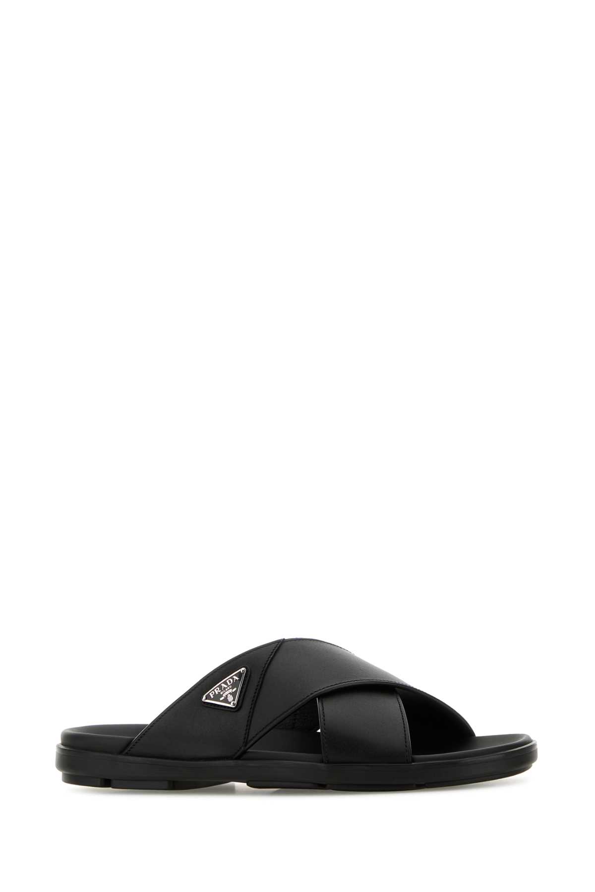Prada Crisscross Logo-triangle Leather Sandals In Black