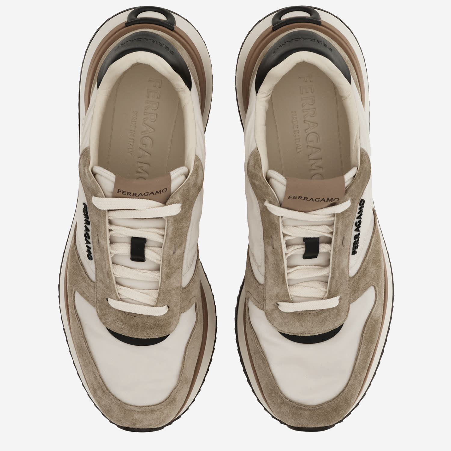 Ferragamo Leather And Fabric Sneakers With Side Logo In Neutral