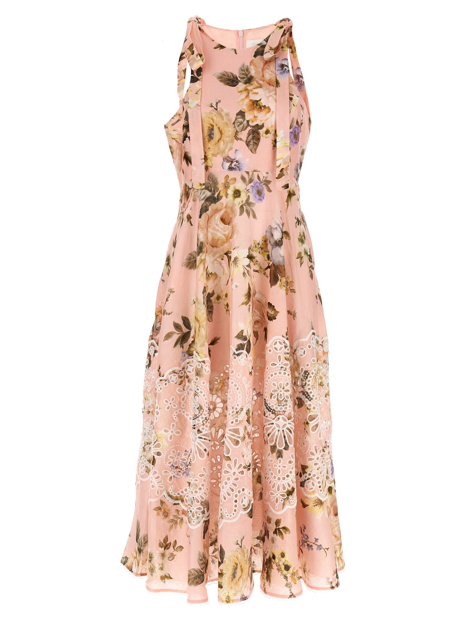 Zimmermann Acacia Broderie Anglaise Linen Midi Dress In Pink