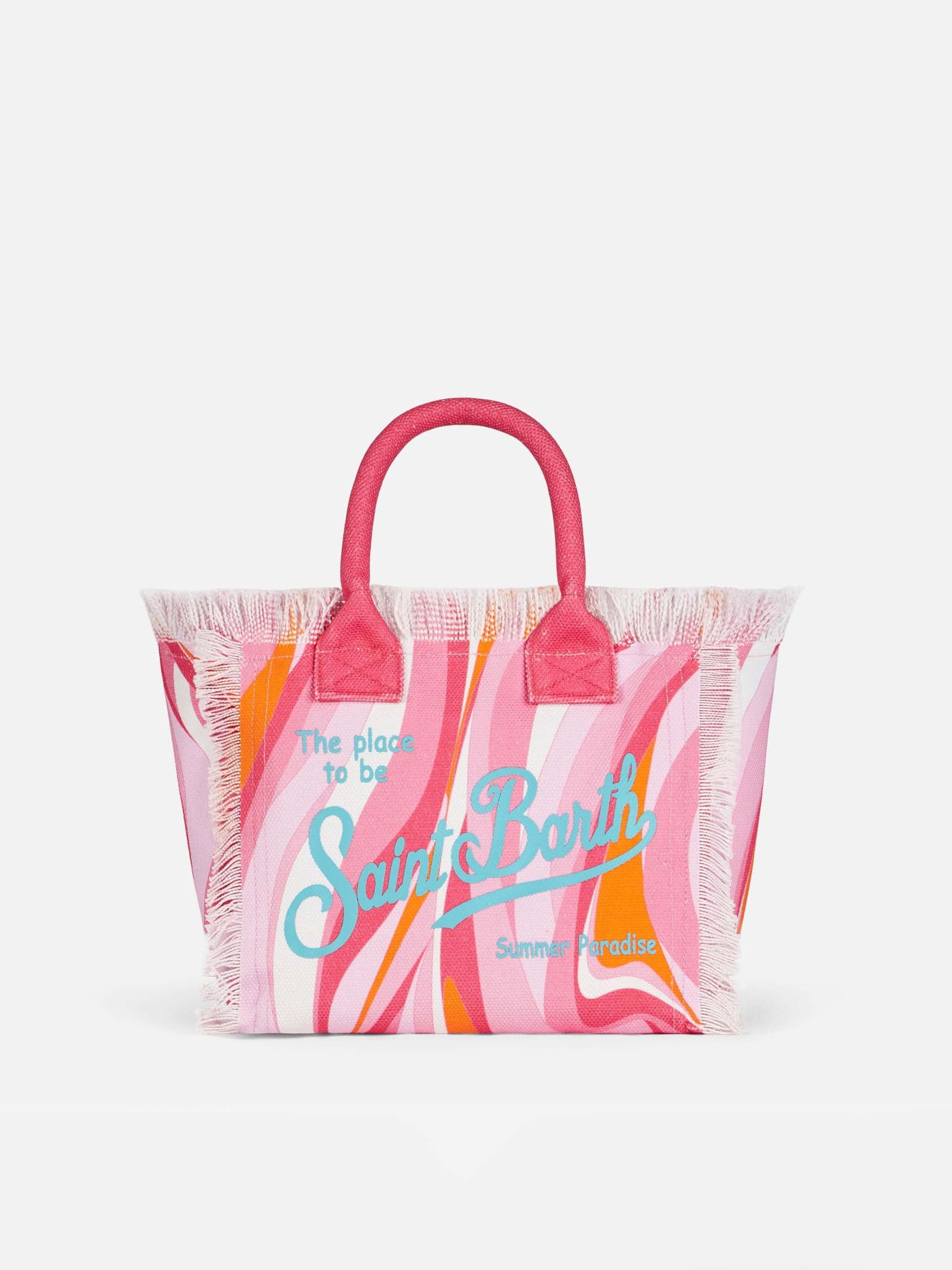 Mc2 Saint Barth Colette Multicolor Cotton Canvas Handbag With Wave Print In Pink