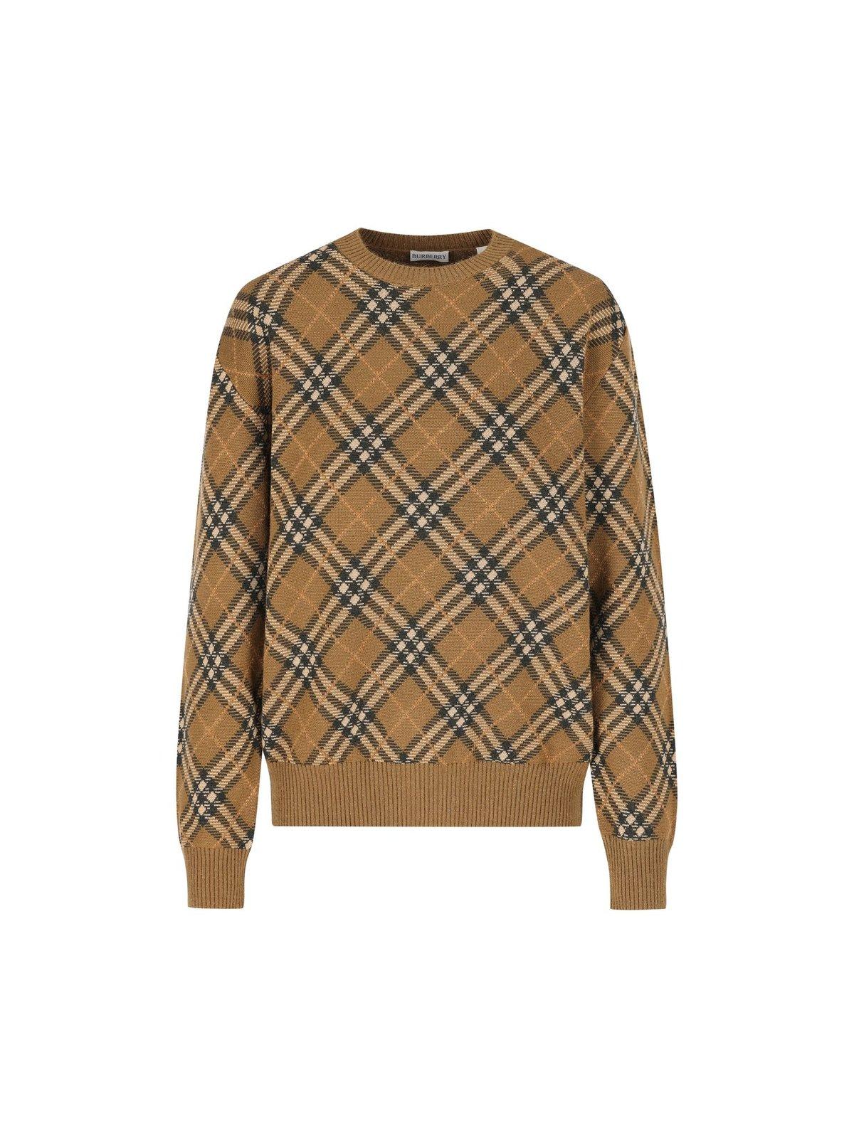 Shop Burberry Checked Knitted Crewneck Jumper In Shrew Ip Chek