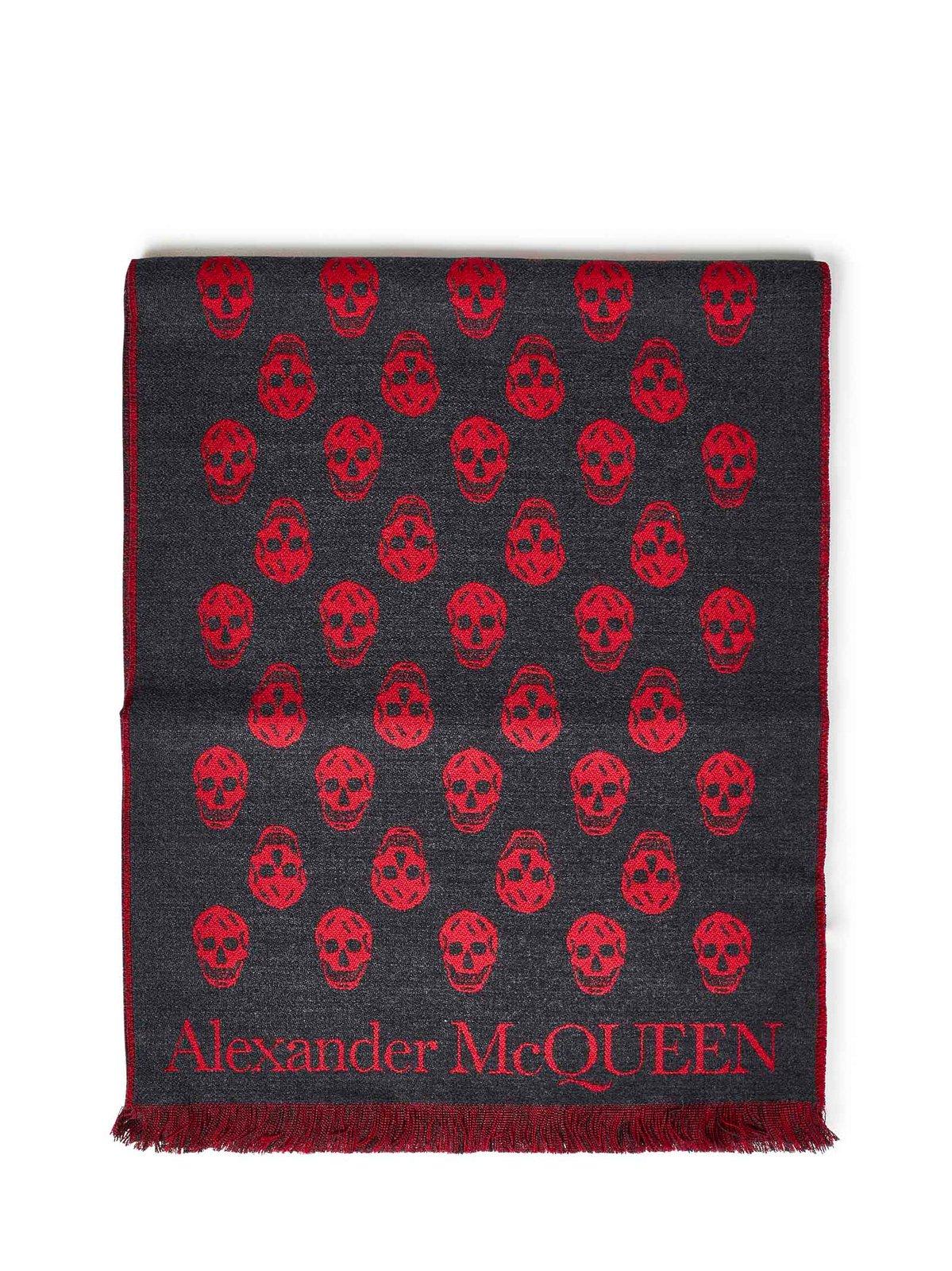 Shop Alexander Mcqueen Skull Jacquard Fringed Scarf In Red