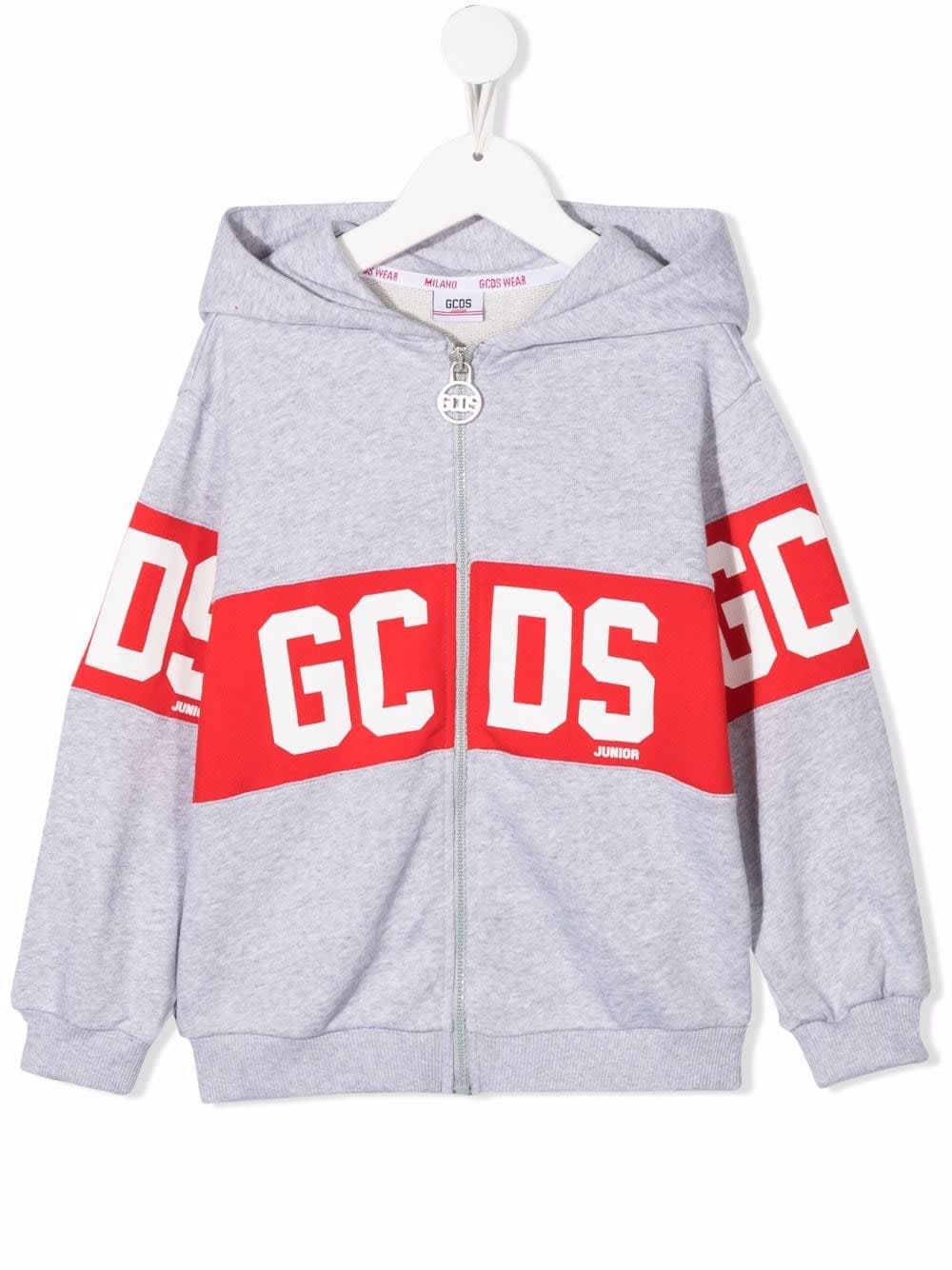 GCDS Mini Grey Kids Zippered Hoodie With Gcds Logo Band