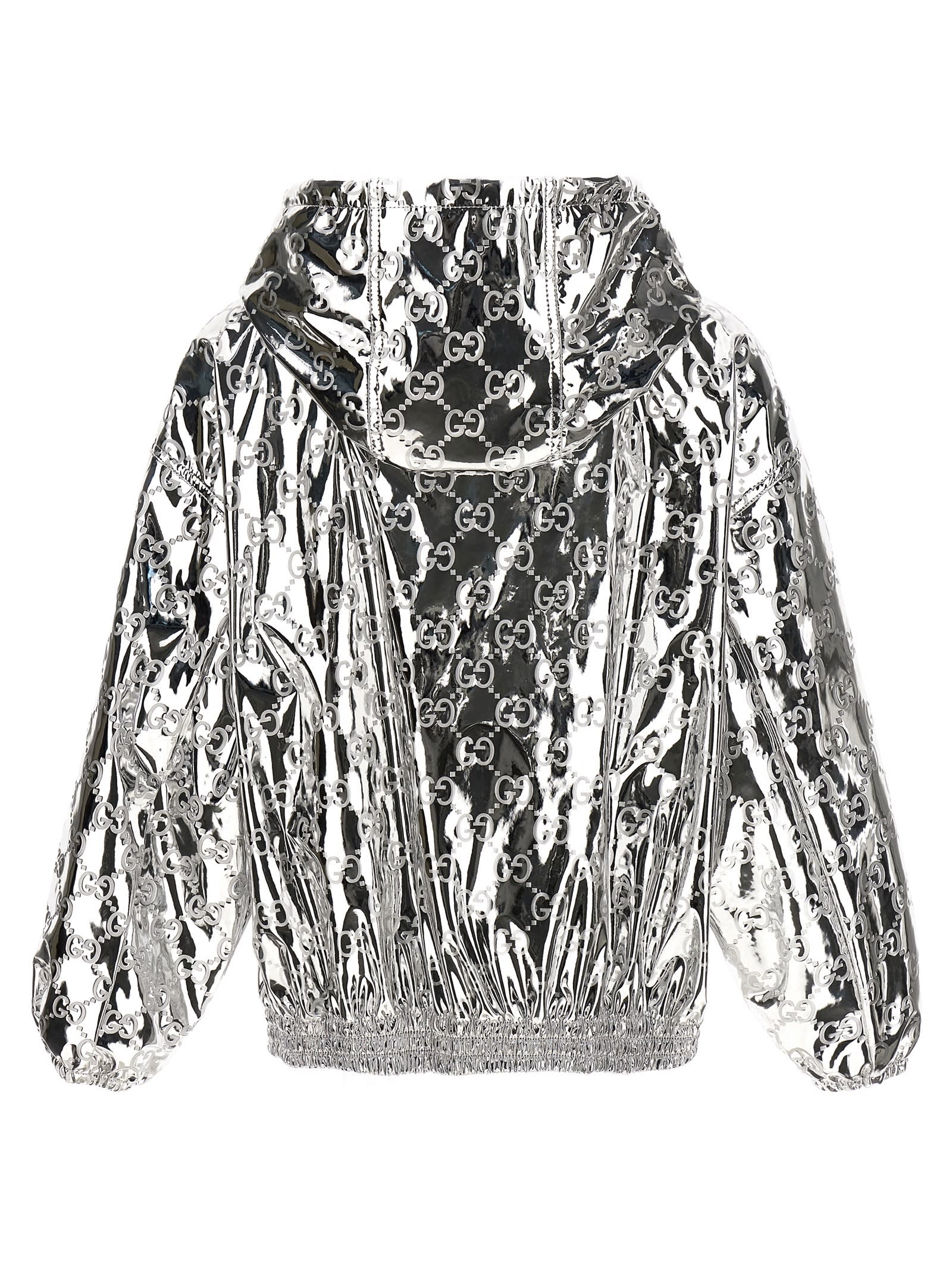Gucci Shiny Finish Hooded Jacket With Elasticated Cuffs In Silver