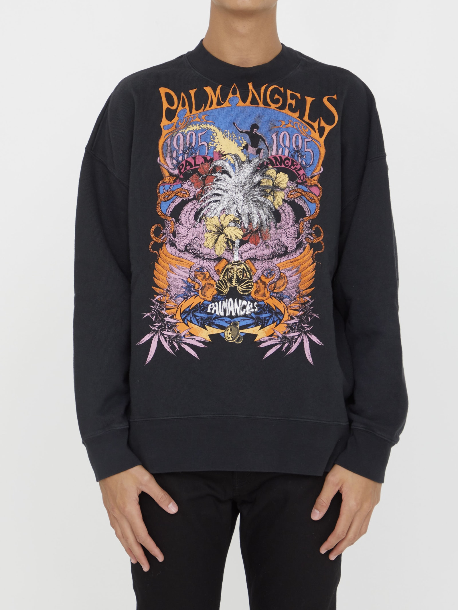 Palm Angels Mens Black Multicolor Palm Concert Graphic-print Cotton-jersey Sweatshirt In Black