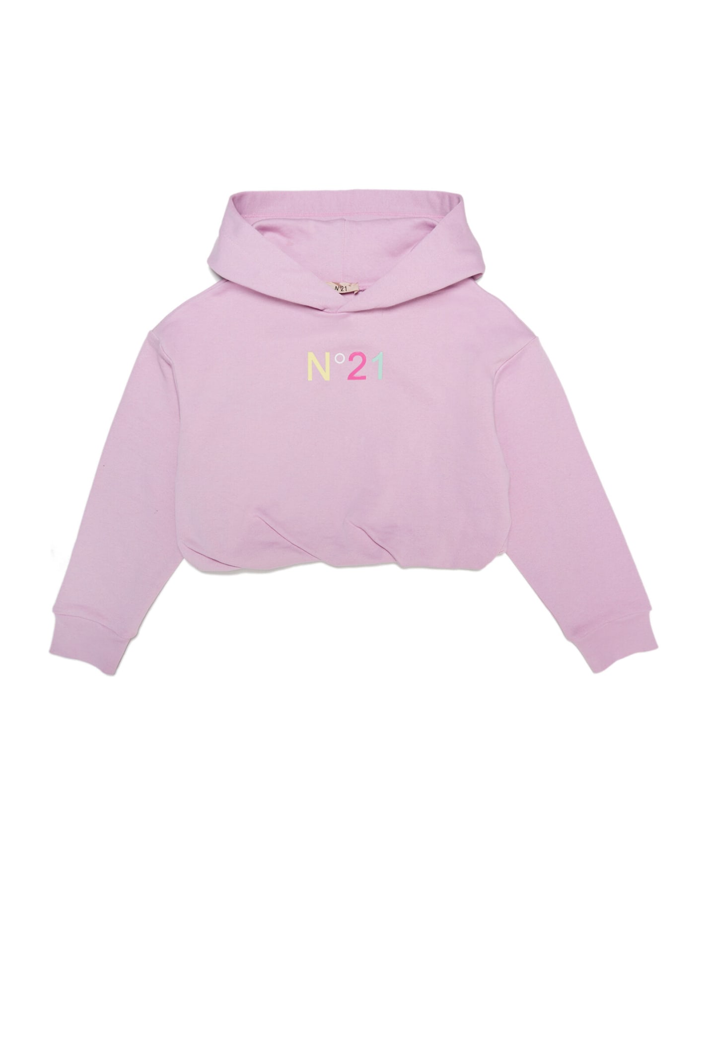 N°21 N21S166F SWEAT-SHIRT N°21 PINK CROPPED SWEATSHIRT WITH HOOD, MULTICOLOURED LOGO AND GATHERS AT THE B