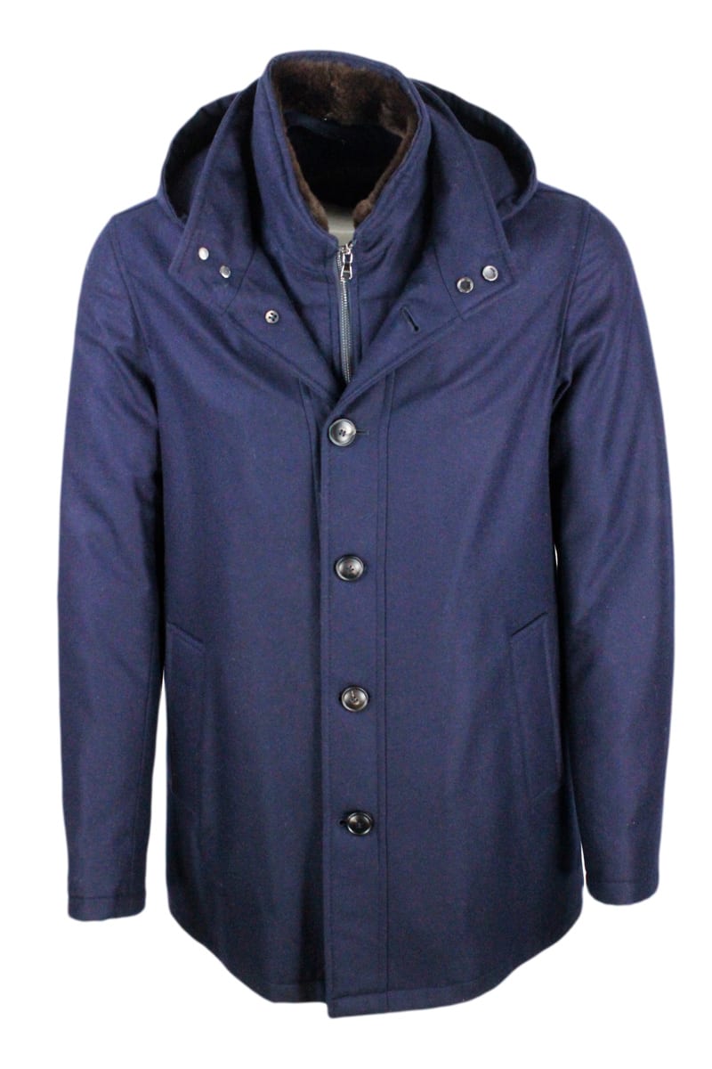 Barba Napoli 3/4 Jacket In Pure Virgin Wool With Front Flap With Detachable Fur Collar
