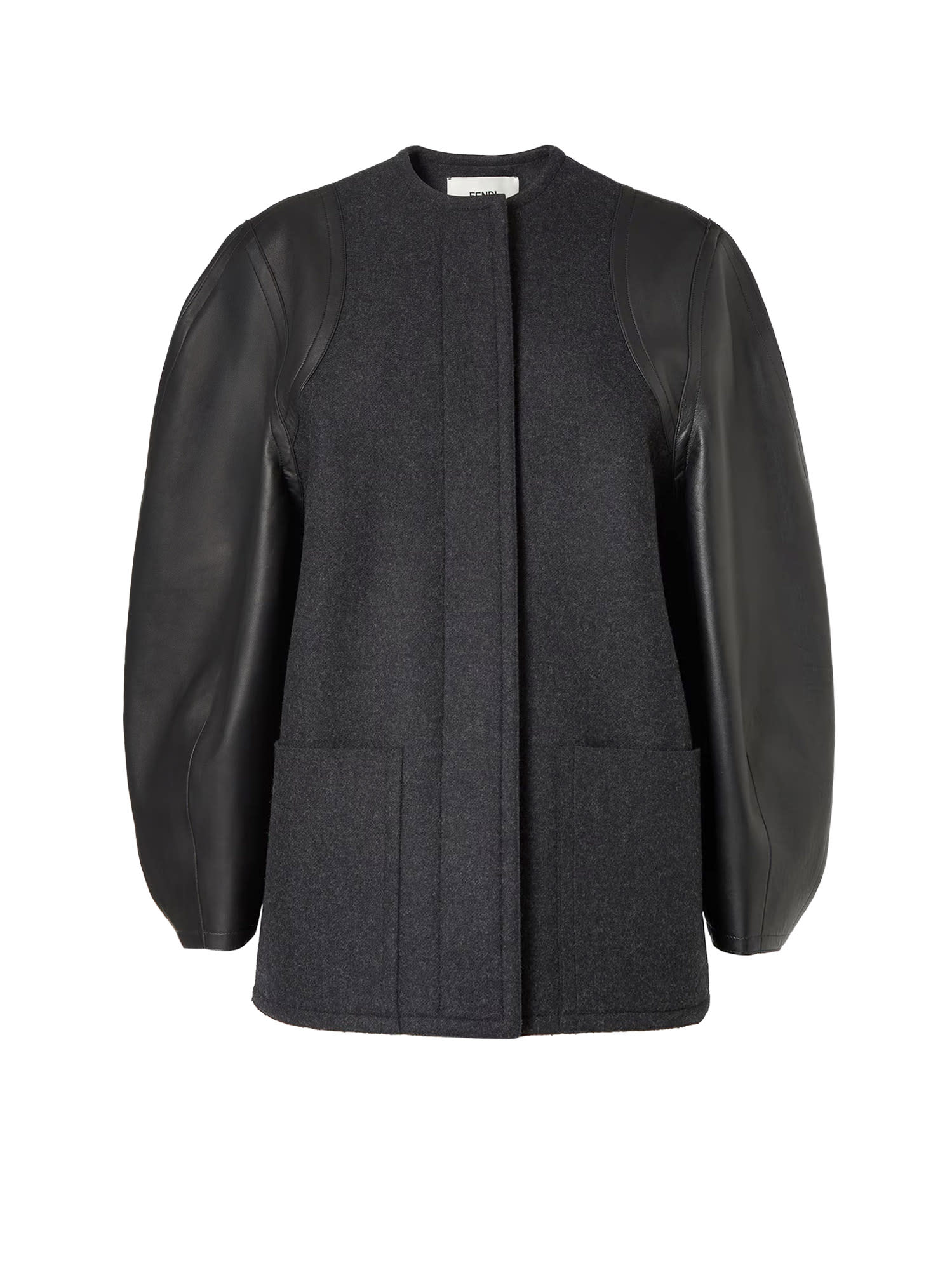 Fendi Virgin Wool Coat With Leather Sleeves In Gray