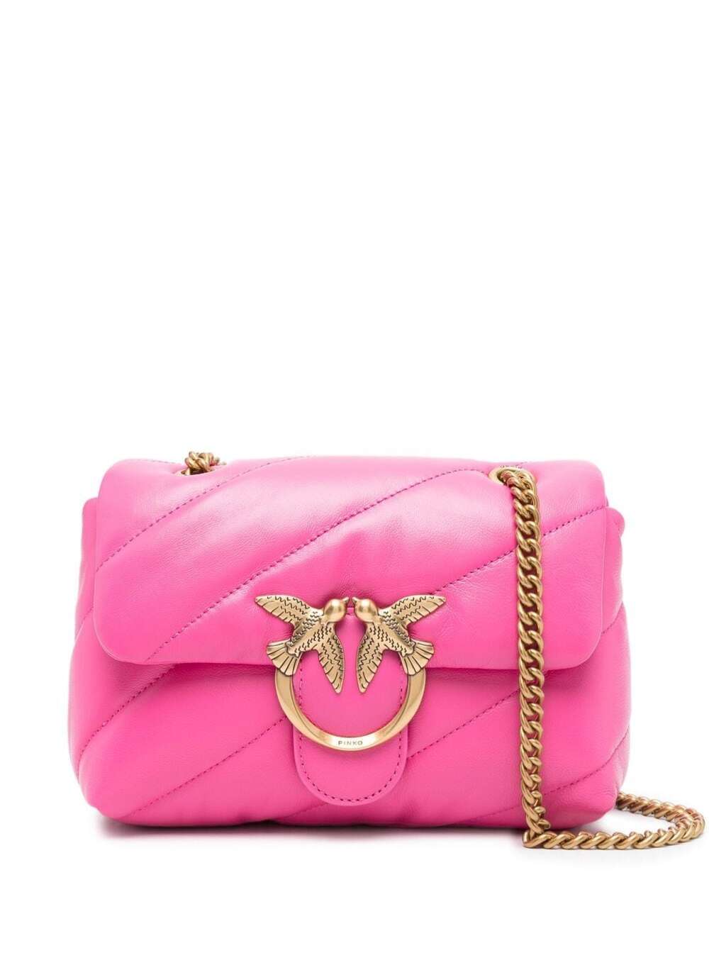 Pinko Shocking Pink Shoulder Bag In Sheep Nappa, Diagonal Quilted Processing, Gold Chain Shoulder Strap And Buckle With Logo, Dimensions: 21x15x9.5.
