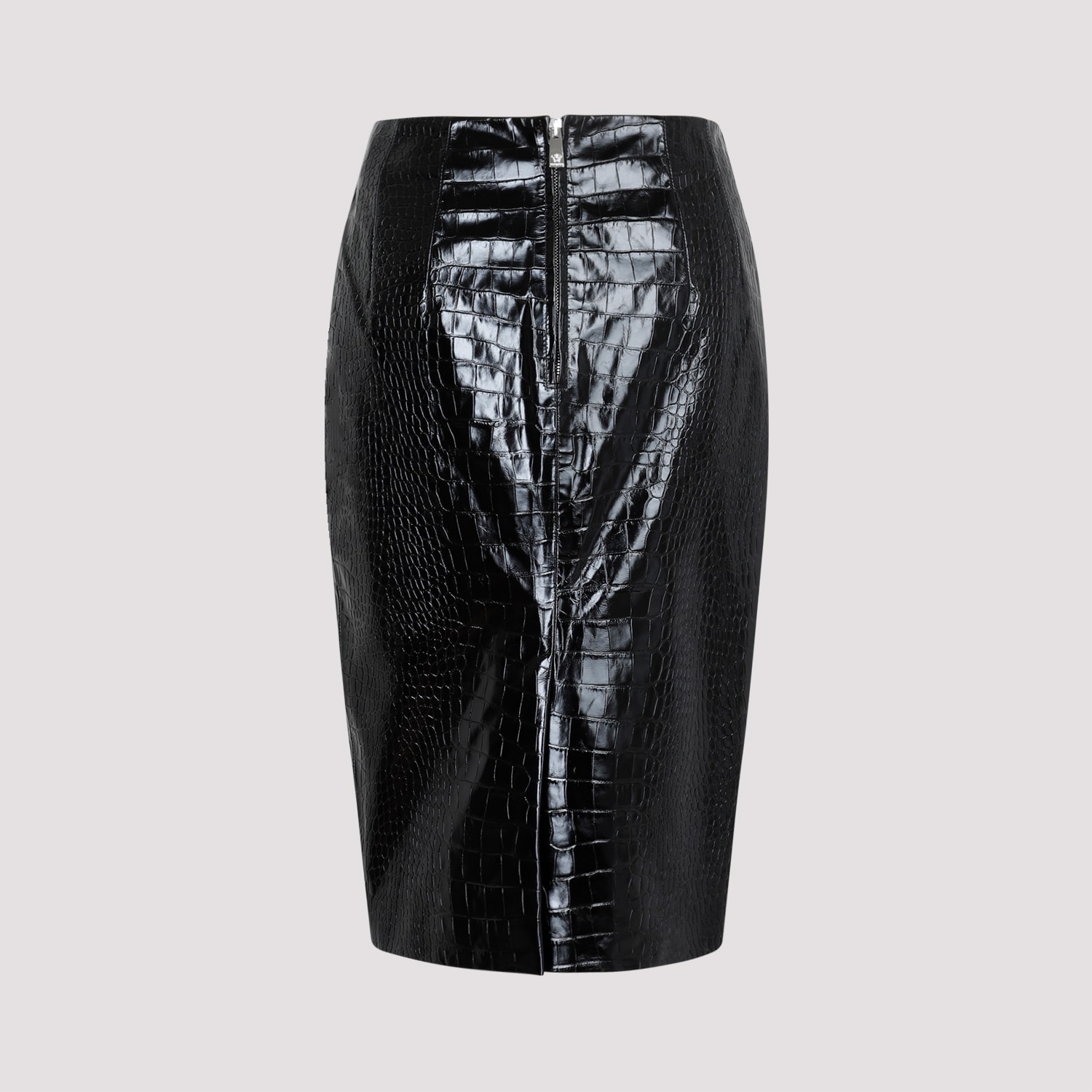 Shop Versace Crocodile Print Leather Skirt In Black