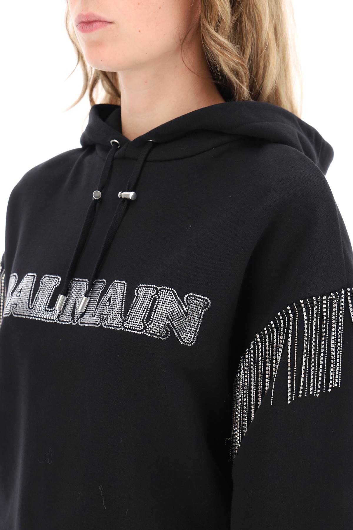 Shop Balmain Cropped Hoodie With Rhinestone-studded Logo And Crystal Cupchains In Noir Cristal (black)