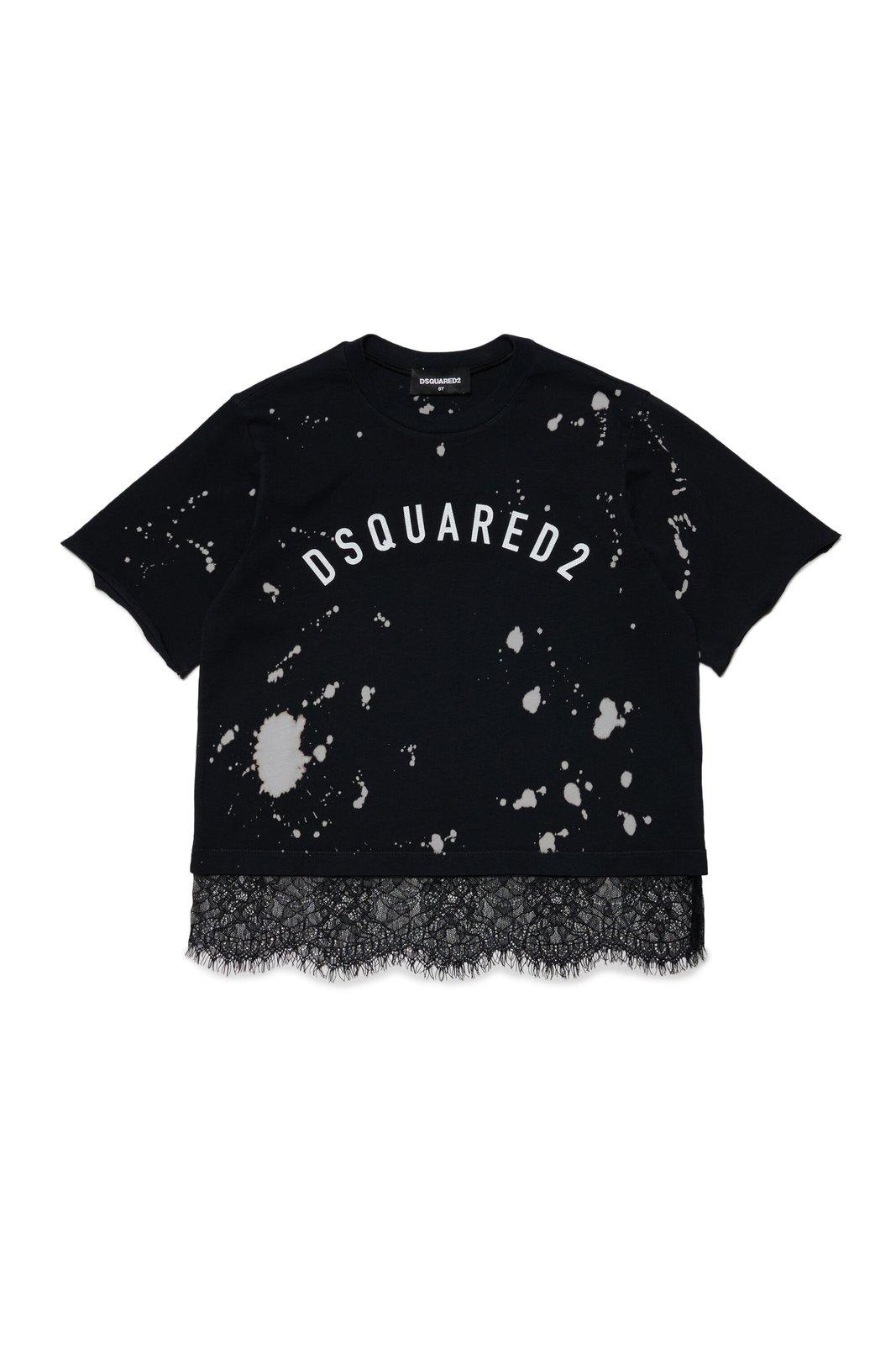 Dsquared2 Kids' Lace-trim Logo Printed T-shirt In Black