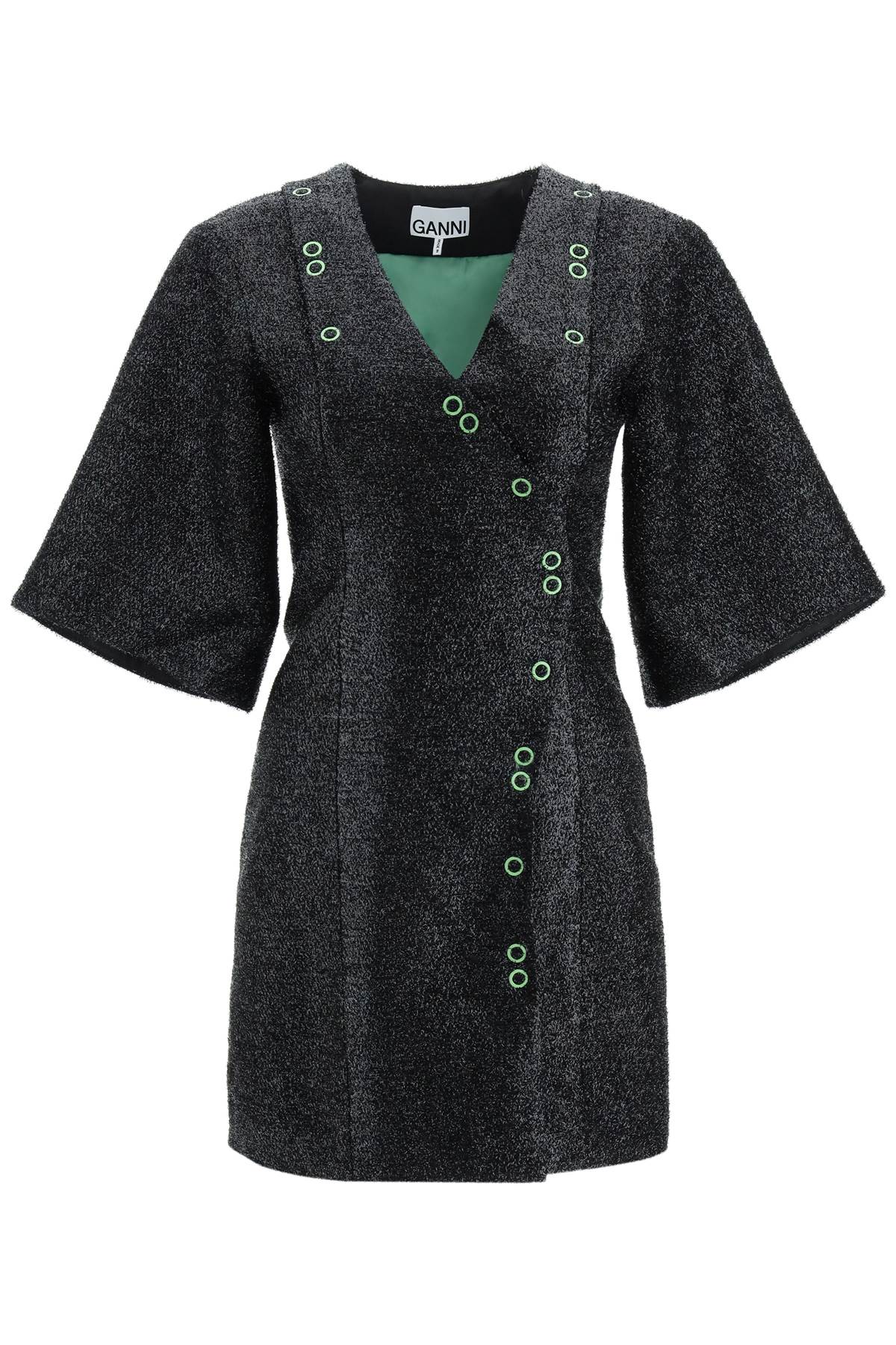 Shop Ganni Lurex Mini Dress With Press Studs In Black (black)