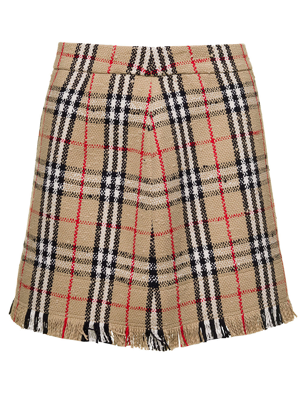 Shop Burberry Catia Beige Mini Skirt With Fringed Hem And All-over Vintage Check Motif In Cotton Blend Woman