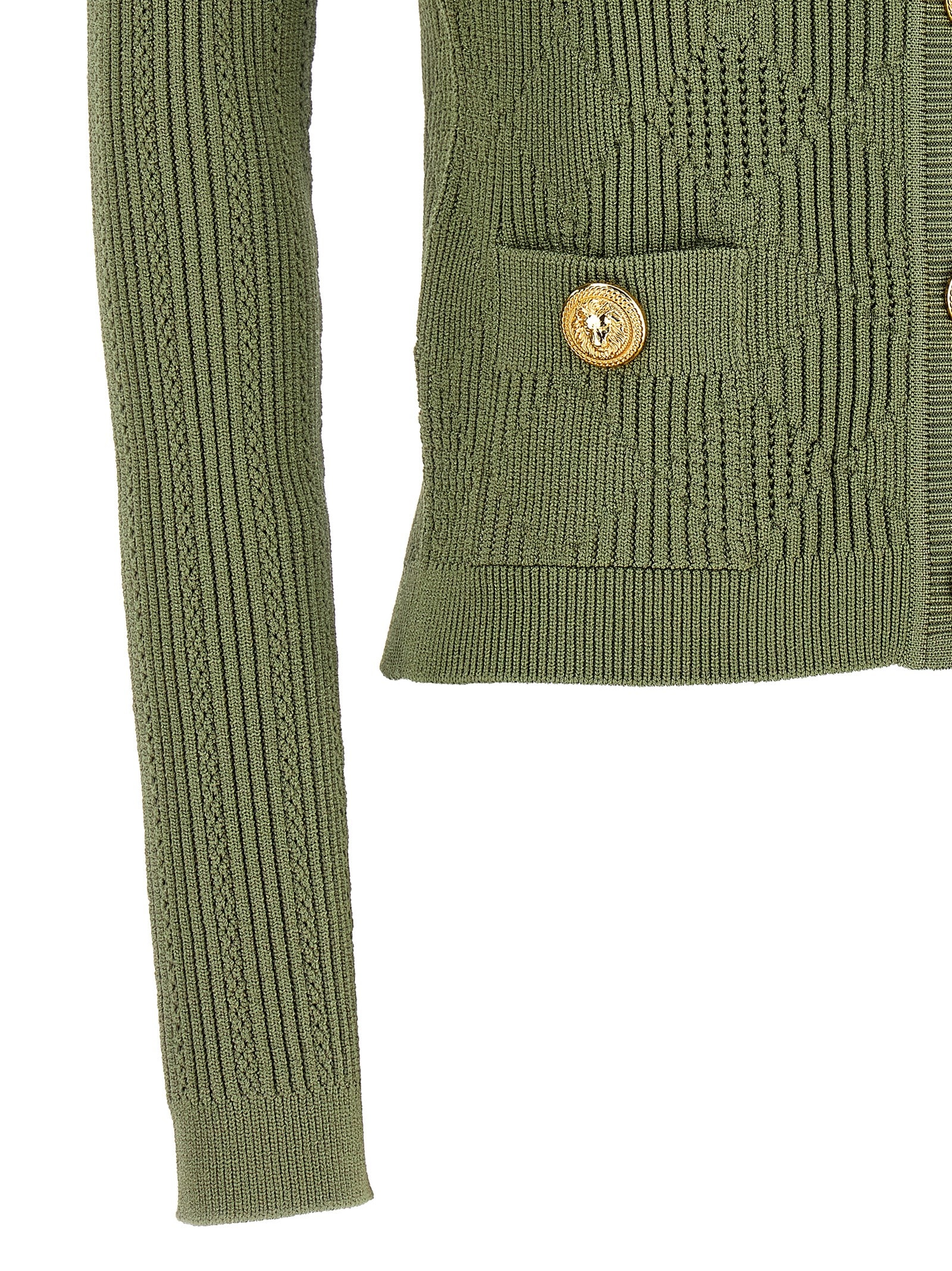 Shop Balmain Openwork Knit Cardigan In Green