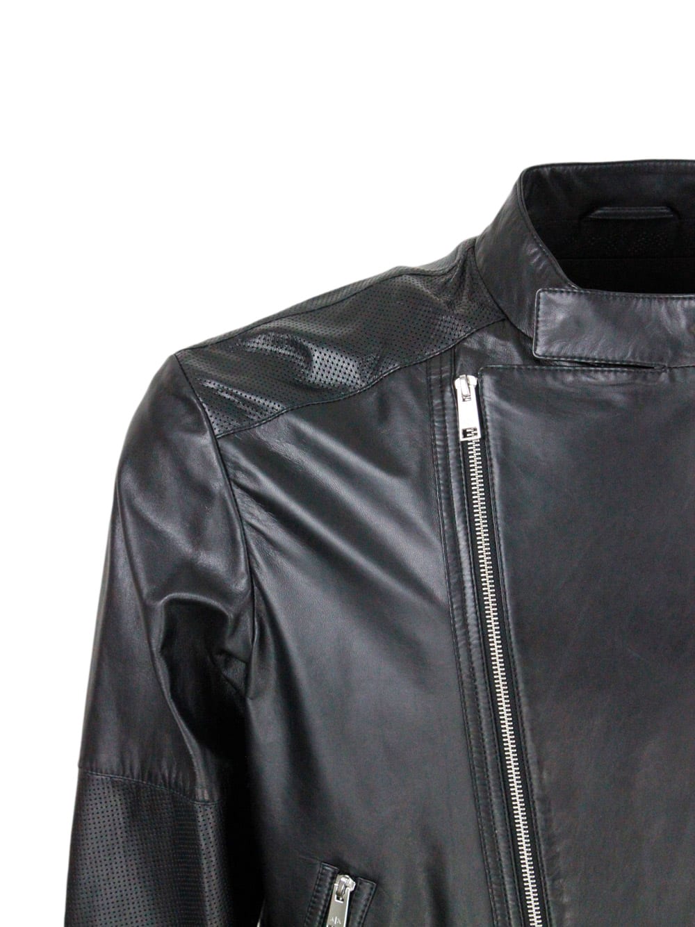 Shop Armani Collezioni Jacket With Zip Closure Made Of Soft Lambskin With Perforated Leather Details. Zip On Pockets And Cu In Black