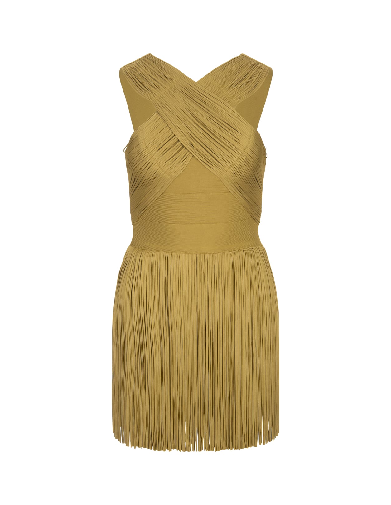 HERVE LEGER GOLDENROD CROSSOVER HALTER FRINGE MINI DRESS