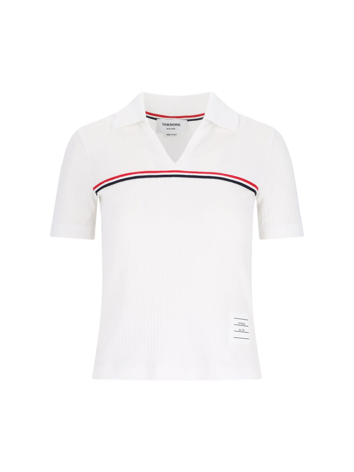 Shop Thom Browne Three Stripes Knit Polo Shirt In White