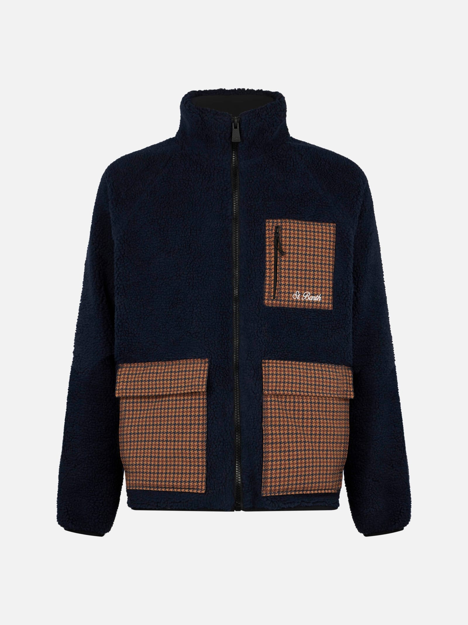 Shop Mc2 Saint Barth Man Blue Sherpa Jacket With Check Patch Pockets