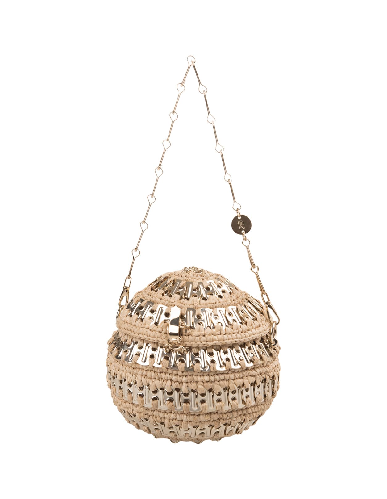 Shop Rabanne 1969 Ball Shoulder Bag In Raffia And Metal In Brown