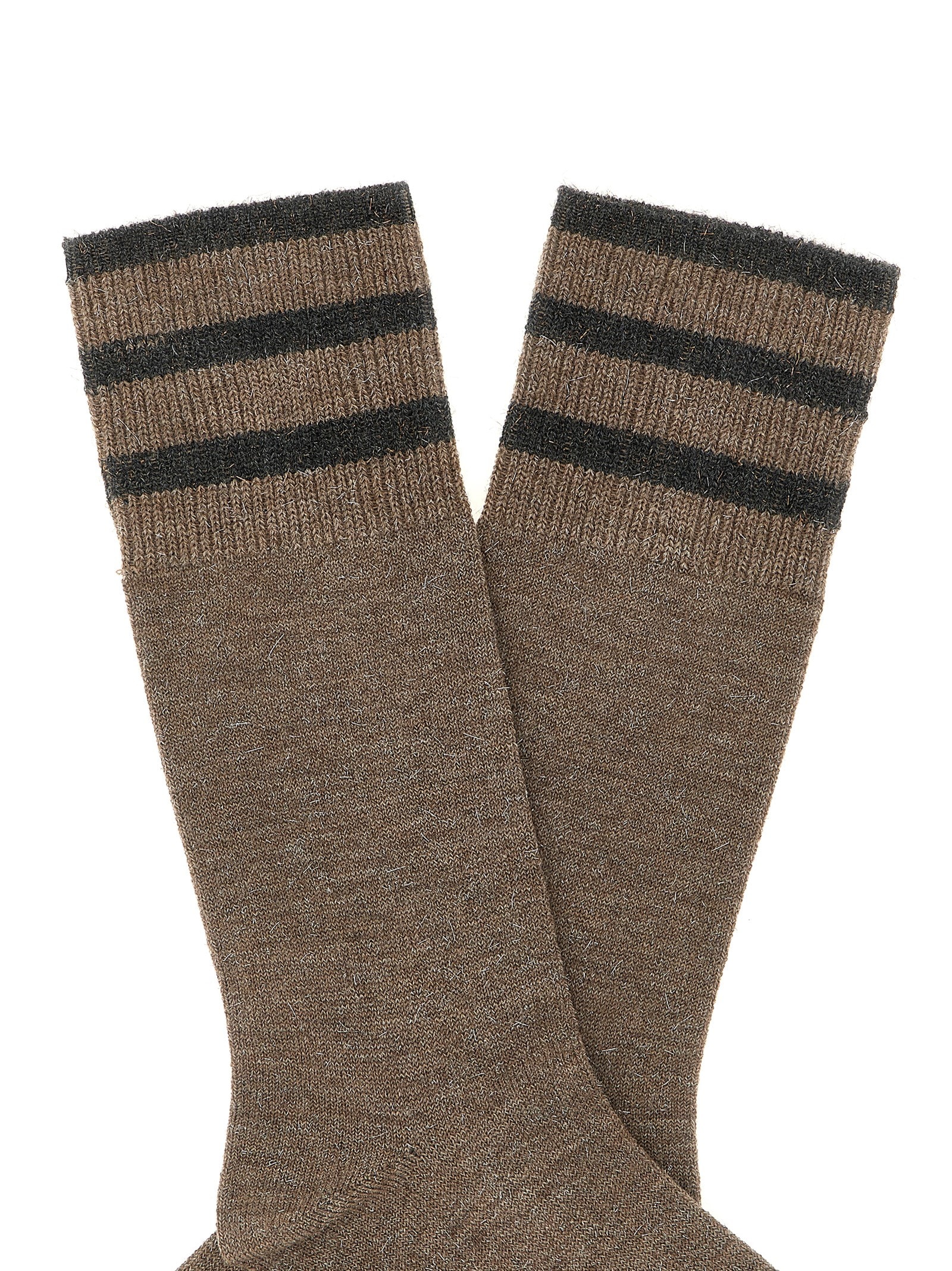 Brunello Cucinelli Shimmering Striped Mid-calf Socks In Brown