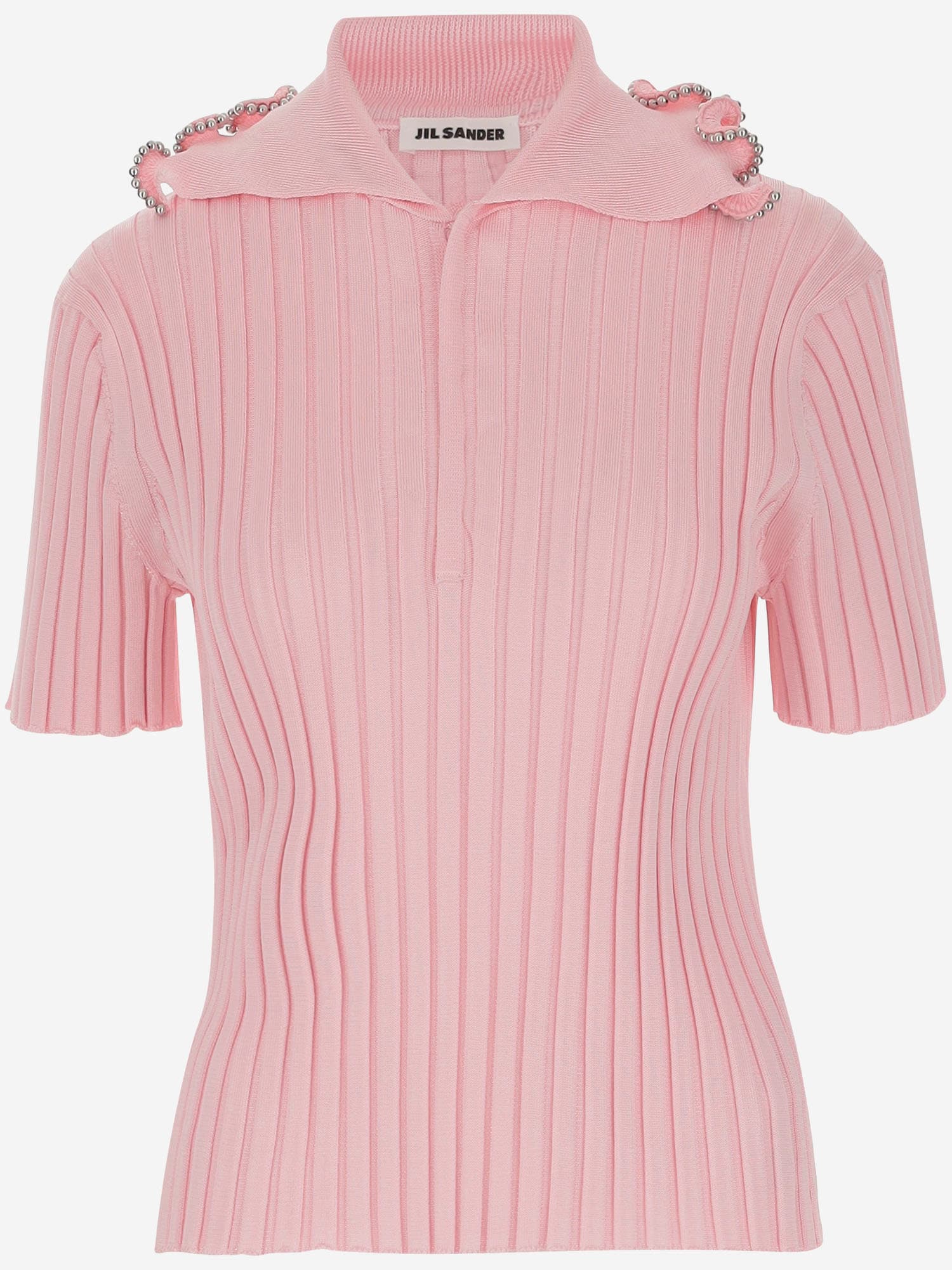 Jil Sander Ruffle Flounce Polo Shirt In Viscose Blend In Pink