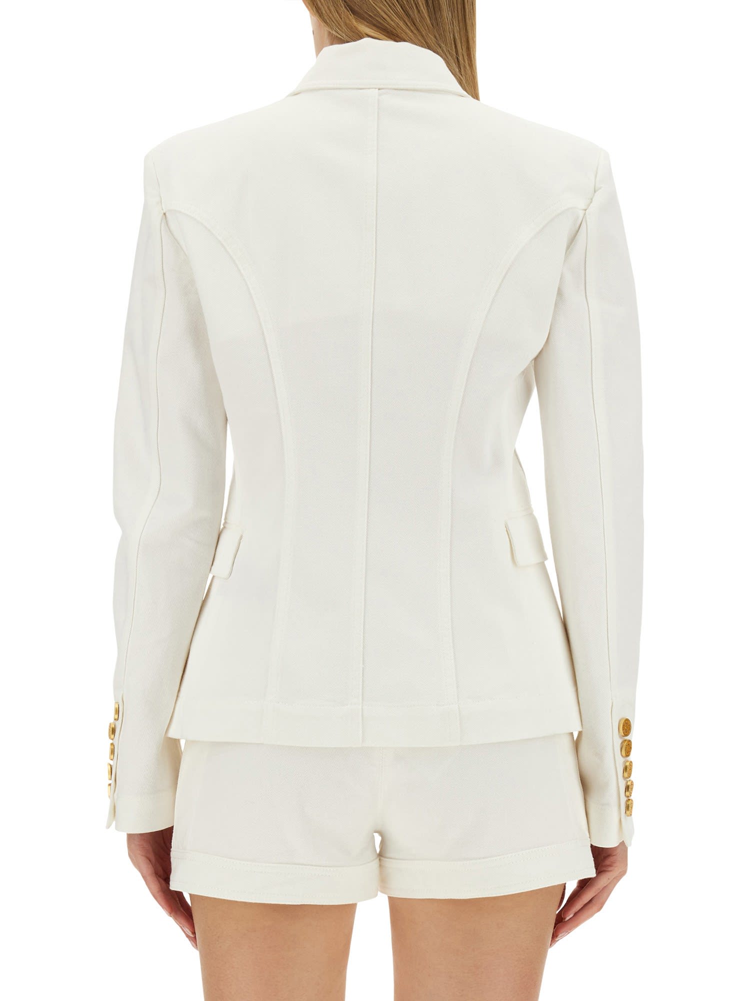 Balmain White Double-breasted Jacket With Peak Lapels And Logo Buttons In Fabric Women In White