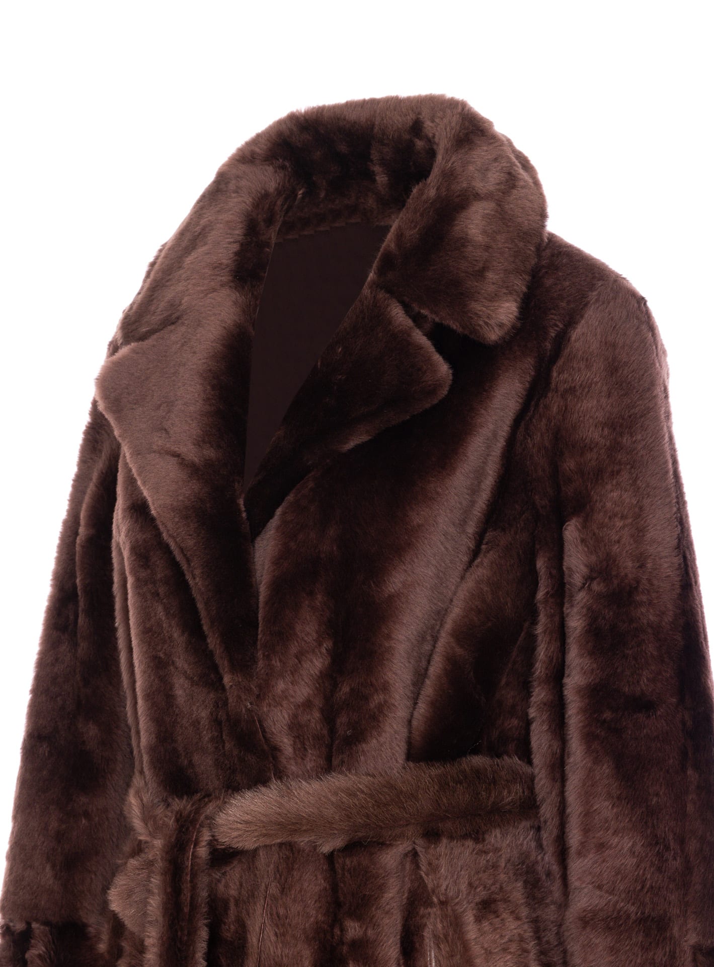 Yves Salomon Belted Faux Fur Long Coat With Pockets In Brown