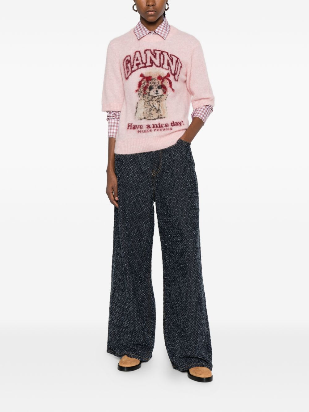 Ganni Alpaca Blend Crewneck Sweater Knitwear Pink In Pink