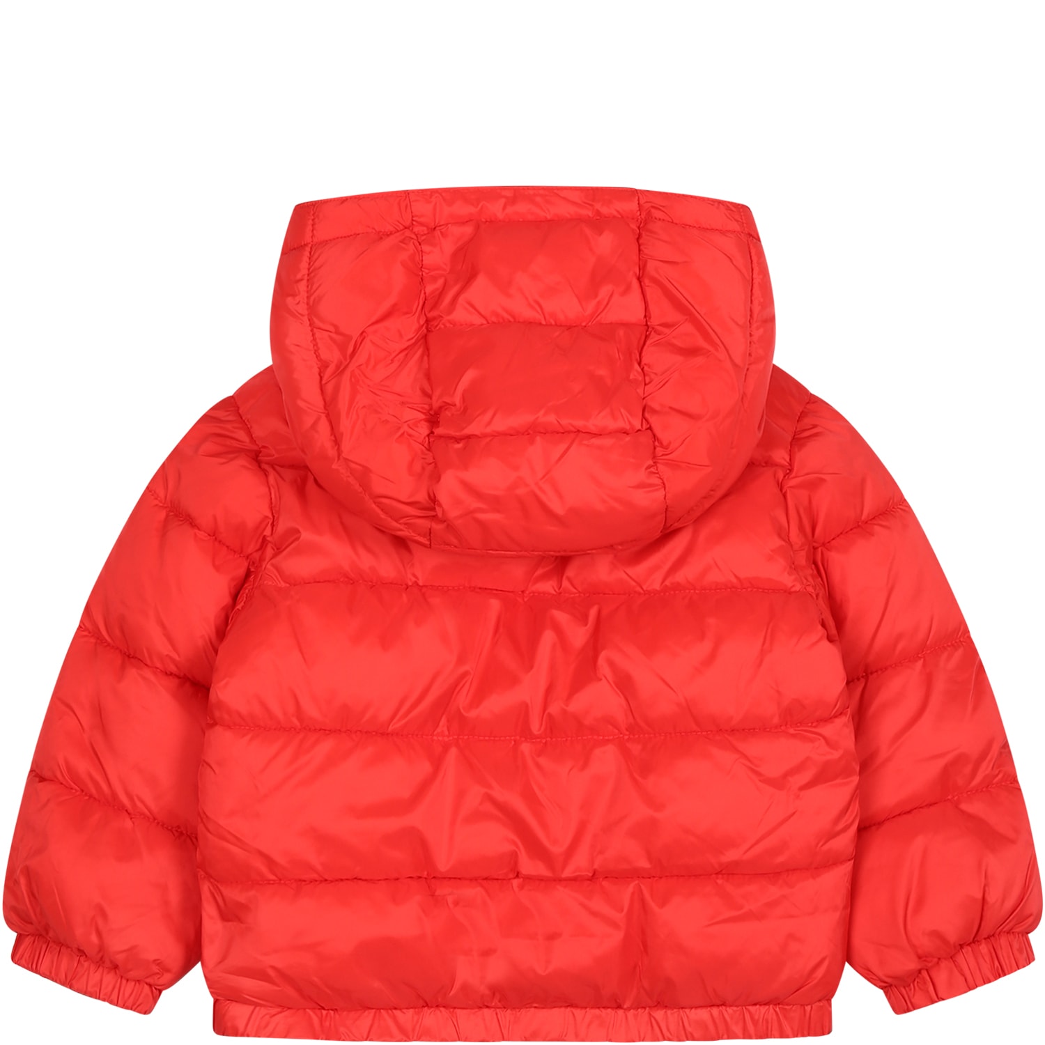 Shop Moschino Red Down Jacket For Babykids With Teddy Bear And Logo