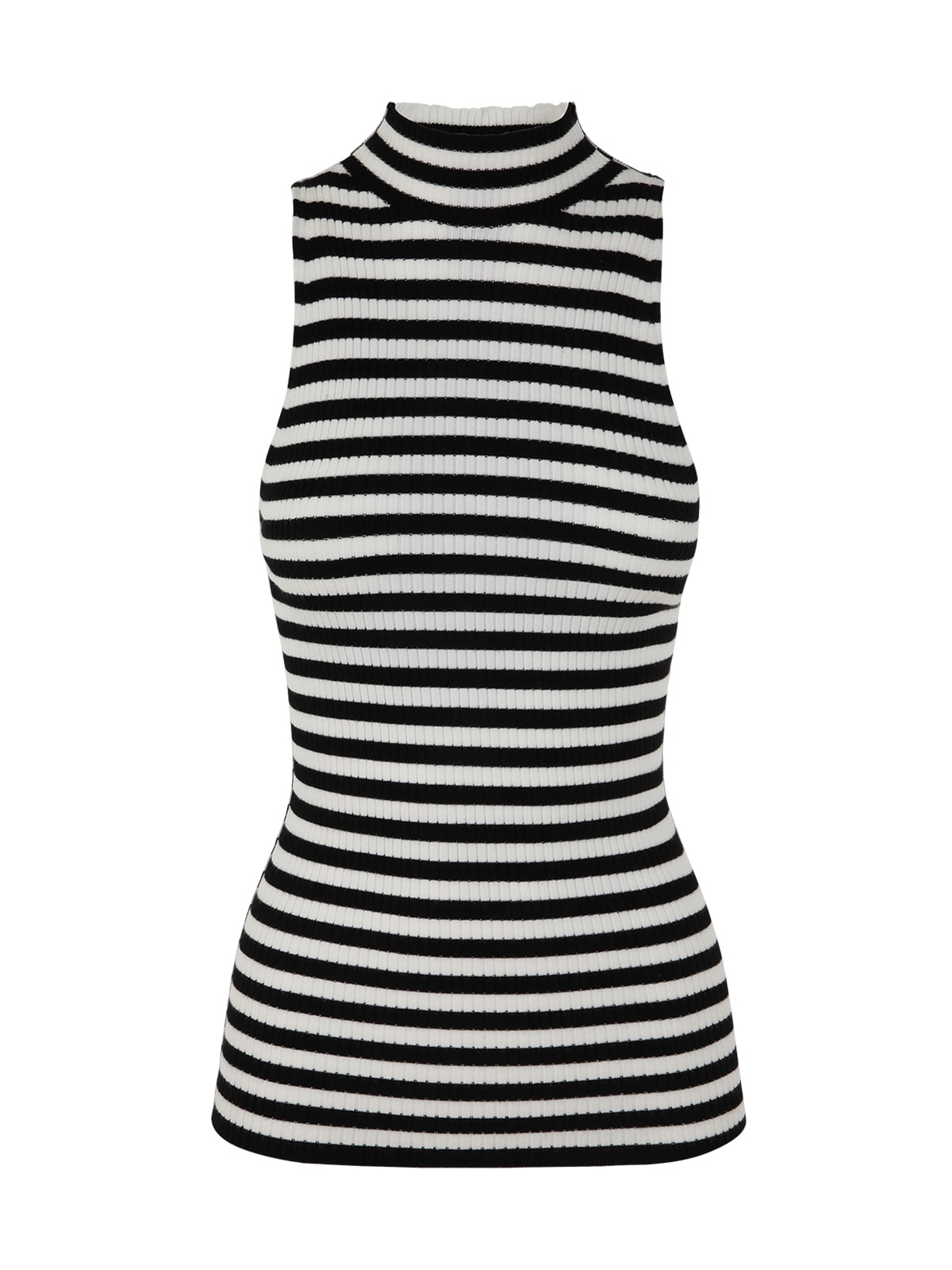 Twinset Turtle Neck Sleeveless Striped Sweater With Pin In Bic Snow Black