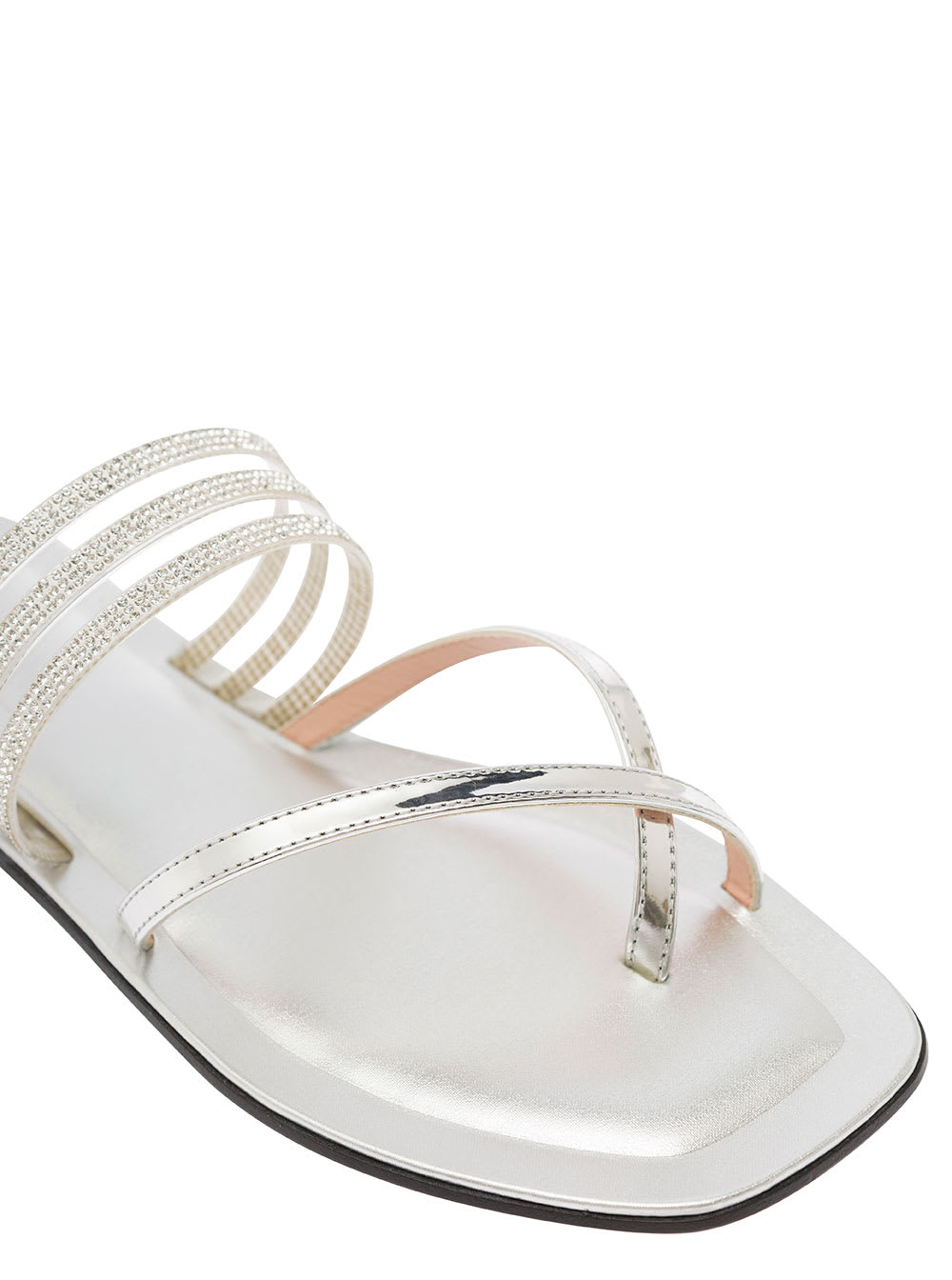 Shop Pollini Silver-tone Thongs Sandals With Metallic And Rhinestone Bands In Leather Woman